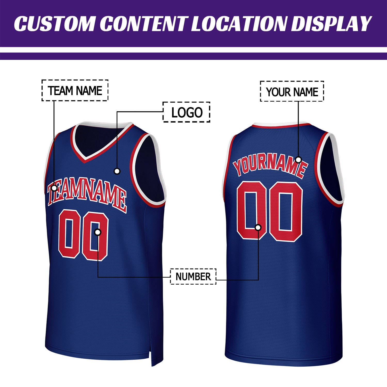 Custom Navy Blue & Red Basketball Jersey | Personalized Name & Number Team Uniform