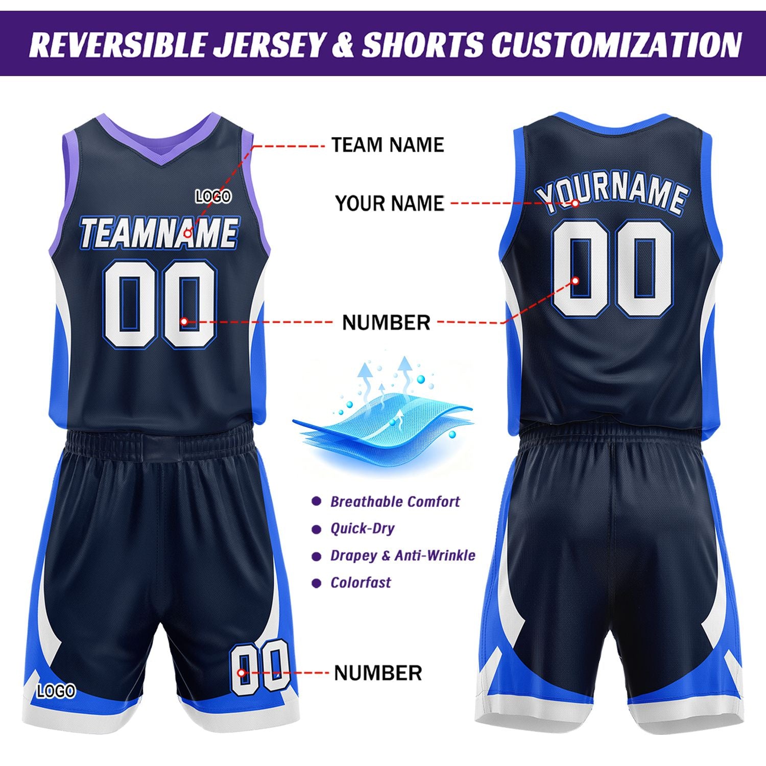 Custom Navy Blue Reversible Basketball Jersey Set | Personalized Name Number Mesh Sports Uniform
