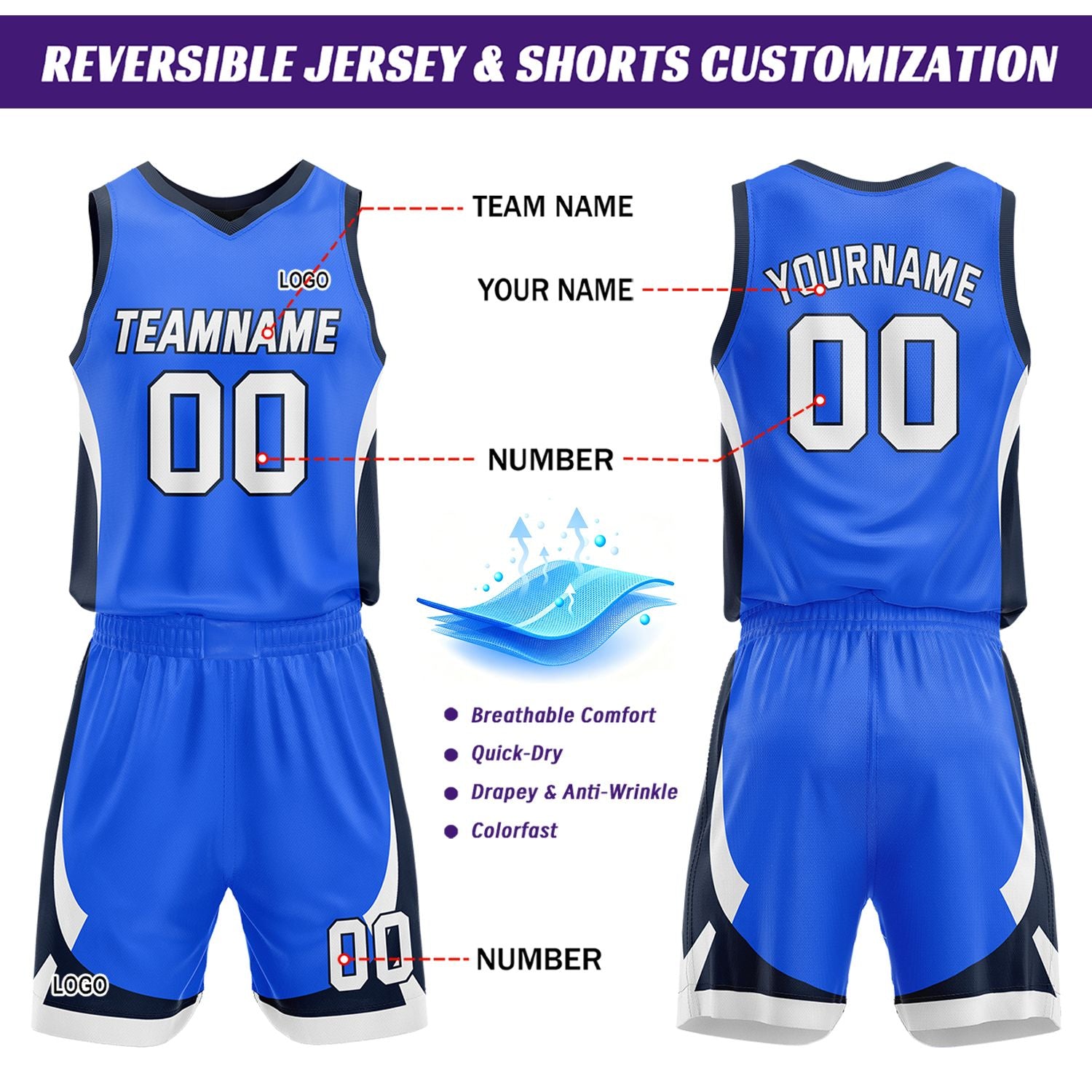 Custom Navy Blue Reversible Basketball Jersey Set | Personalized Name Number Mesh Sports Uniform