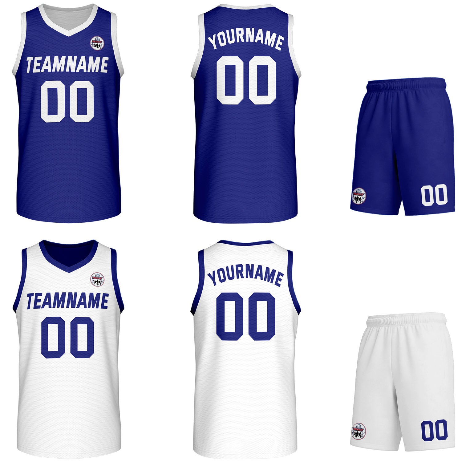 Custom navy blue & white Reversible basketball uniform set, personalized team name number logo breathable mesh jersey and shorts men women youth game practice - Vosoli