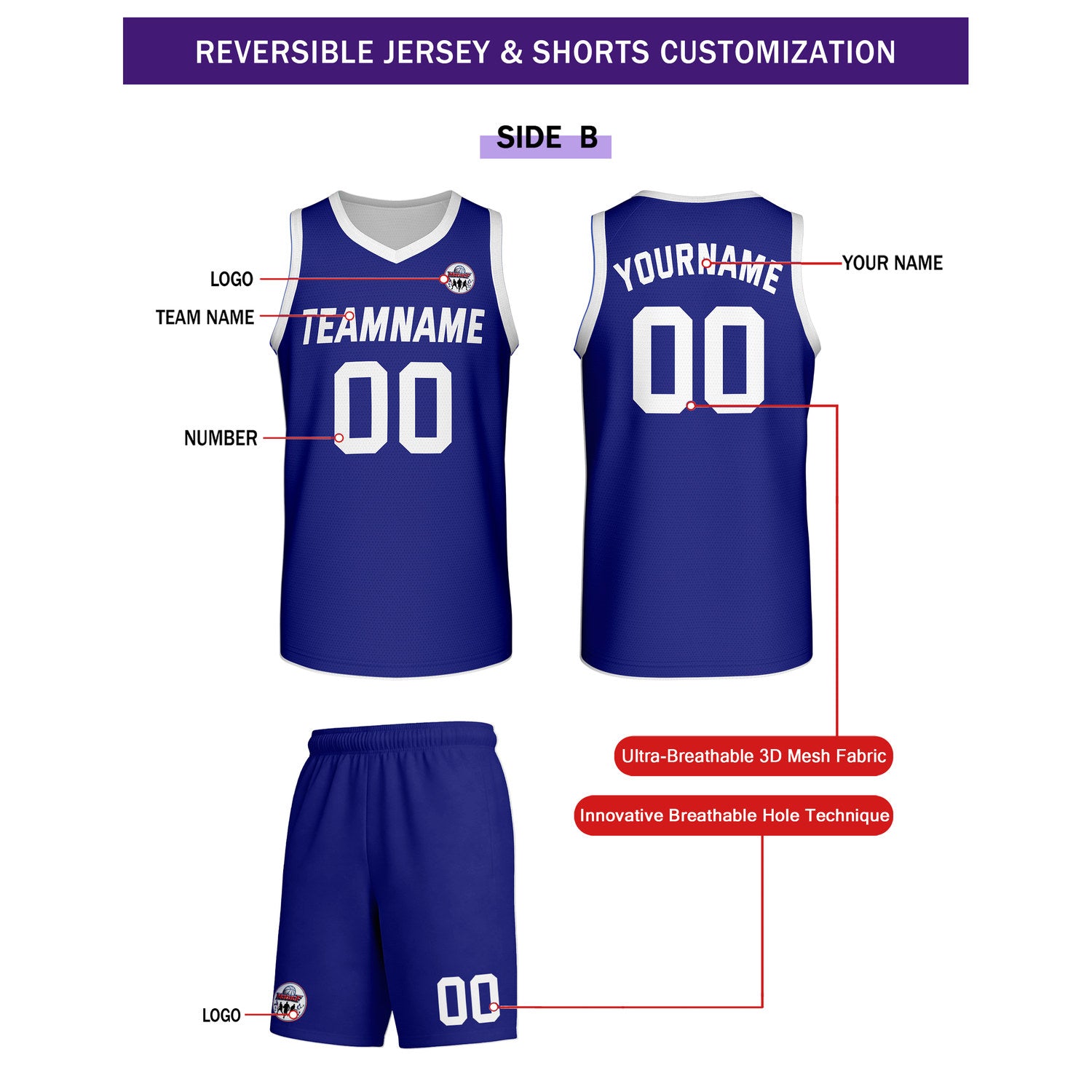 Custom Navy Blue & White Reversible Basketball Uniform Set | Personalized Team Name & Number - Vosoli