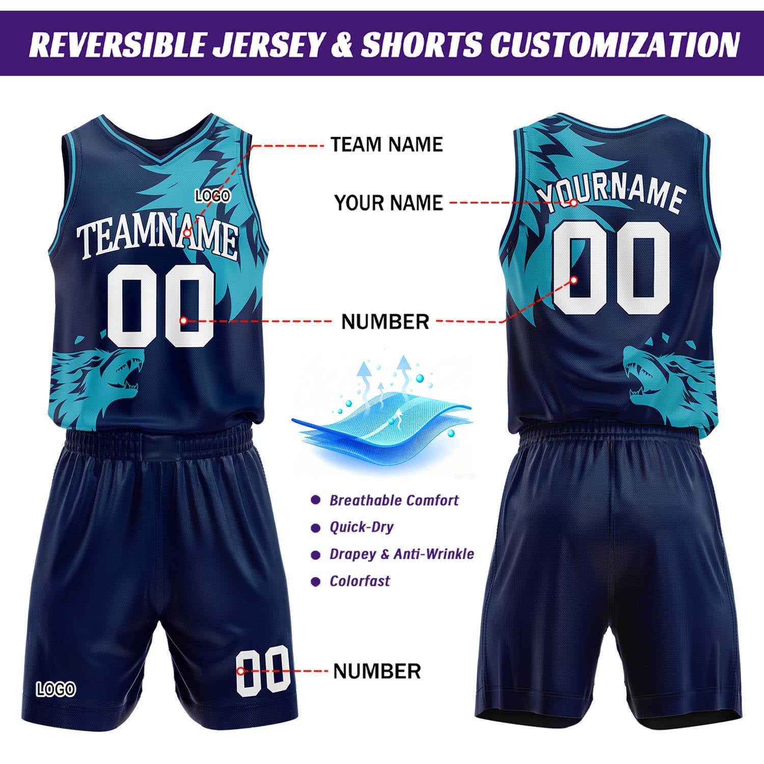Custom Navy & Blue Wolf Theme Basketball Jersey & Shorts Set | Personalized Team Uniform