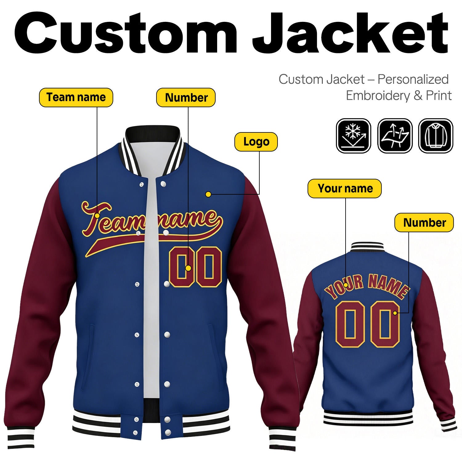 Custom Navy & Burgundy Contrast Sleeve Varsity Baseball Jacket | Personalized Team Name & Number