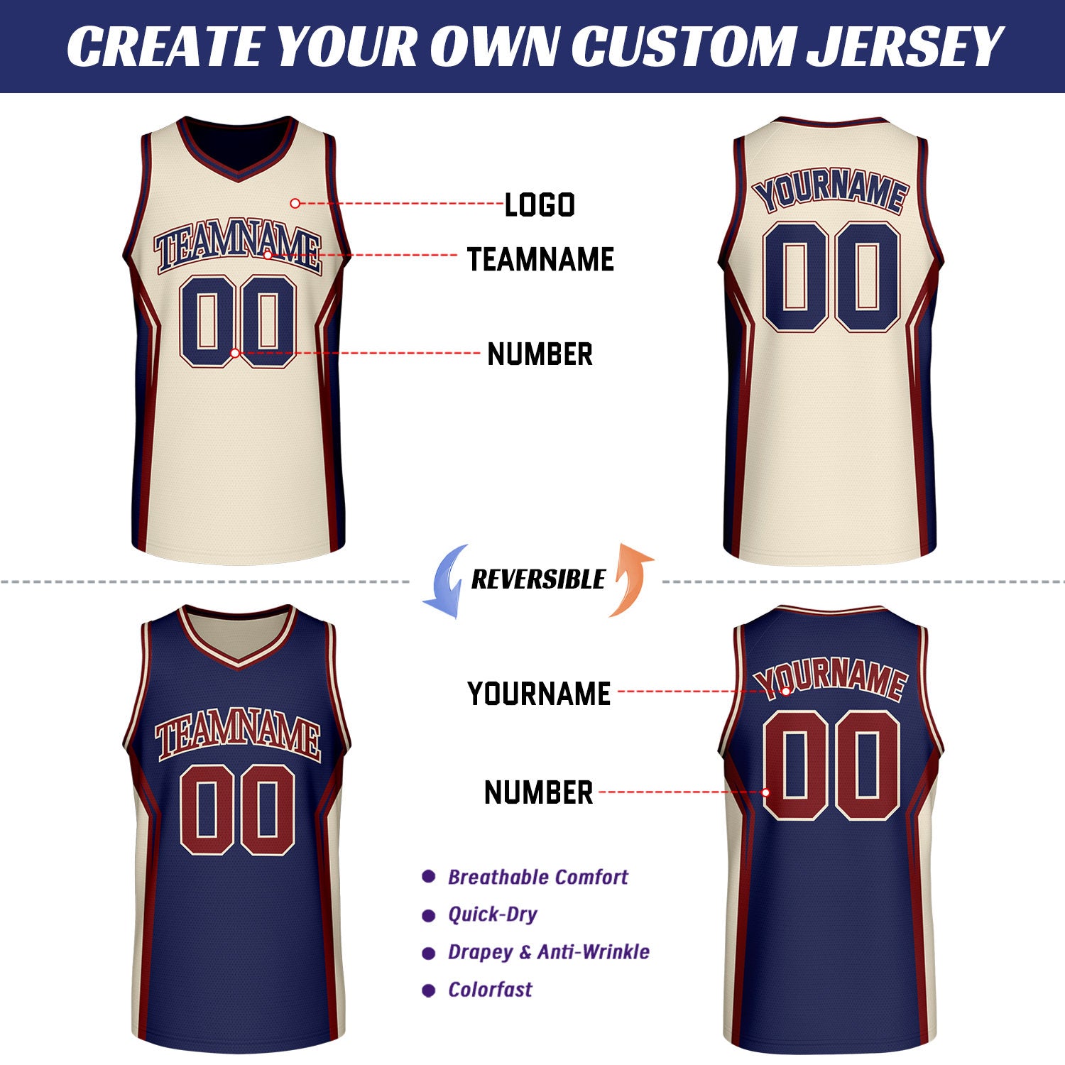 Custom Navy & Cream Two Sided Basketball Uniform Set | Personalized Team Uniforms for Adult & Youth