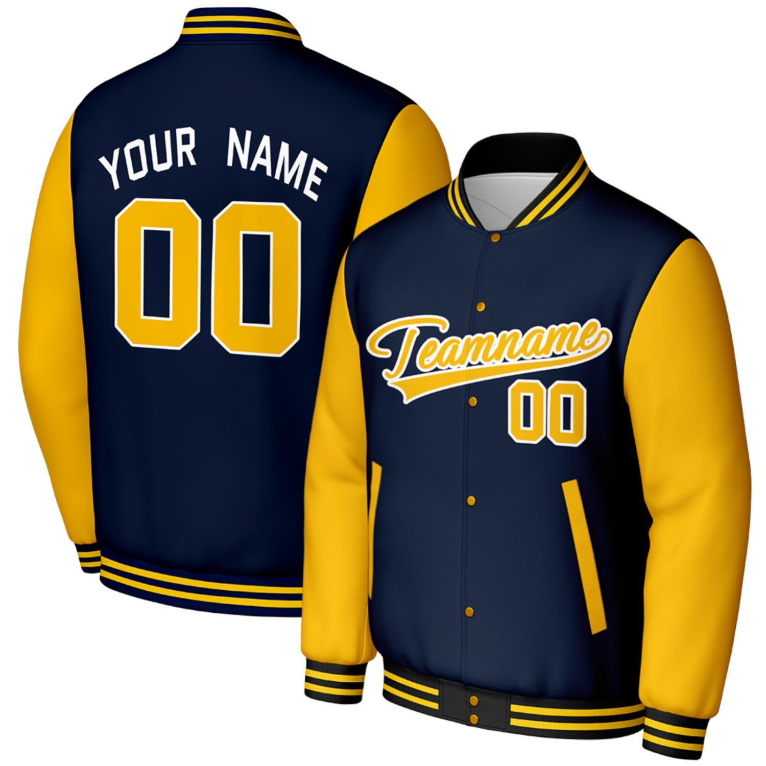 custom navy gold baseball jackets for baseball teams by Vosoli, personalized stitched name, number & logo, classic button up varsity letterman jacket for baseball team and casual wear