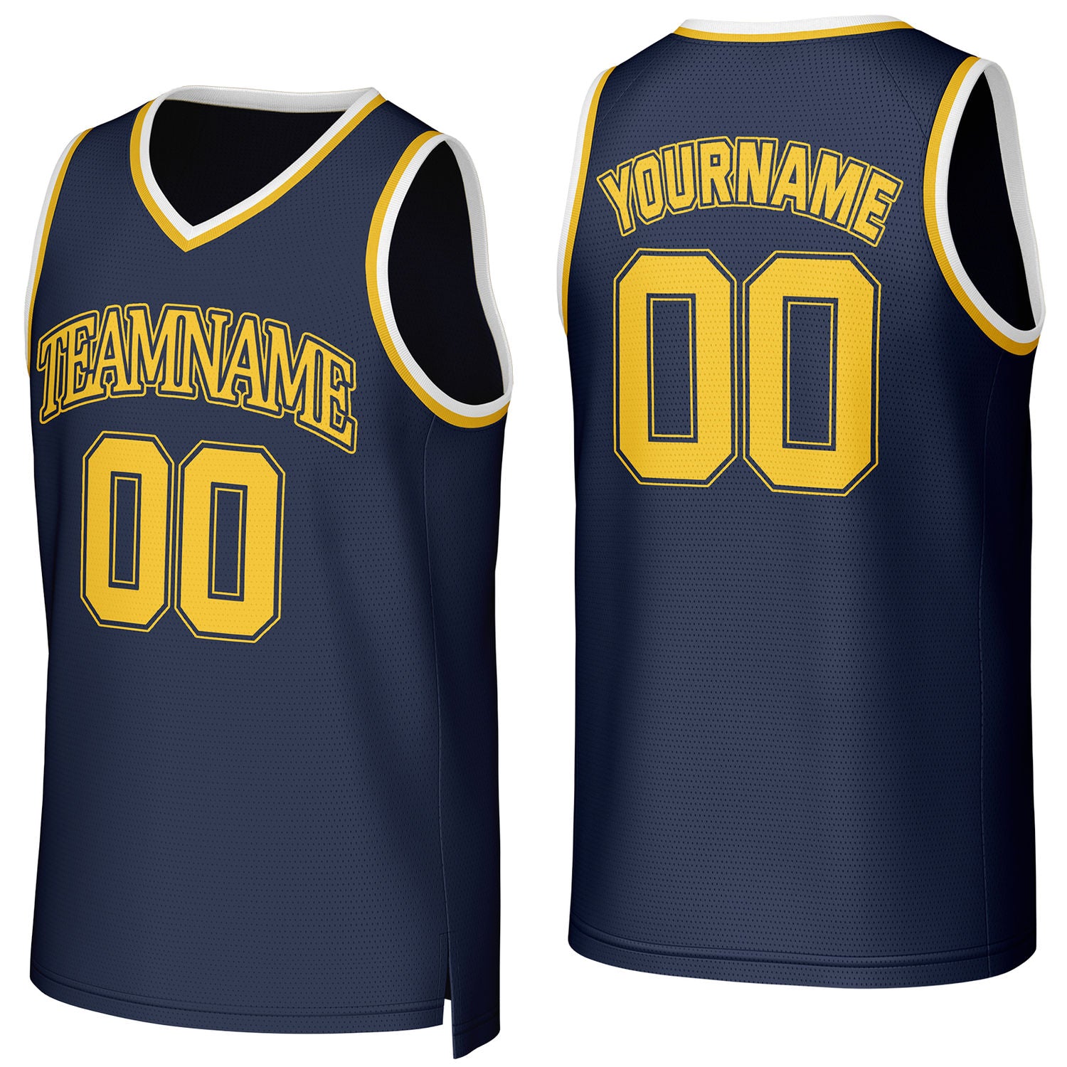 Custom navy-gold V-neck mesh basketball jersey by Vosoli | Personalized name & number team uniform for youth & adults