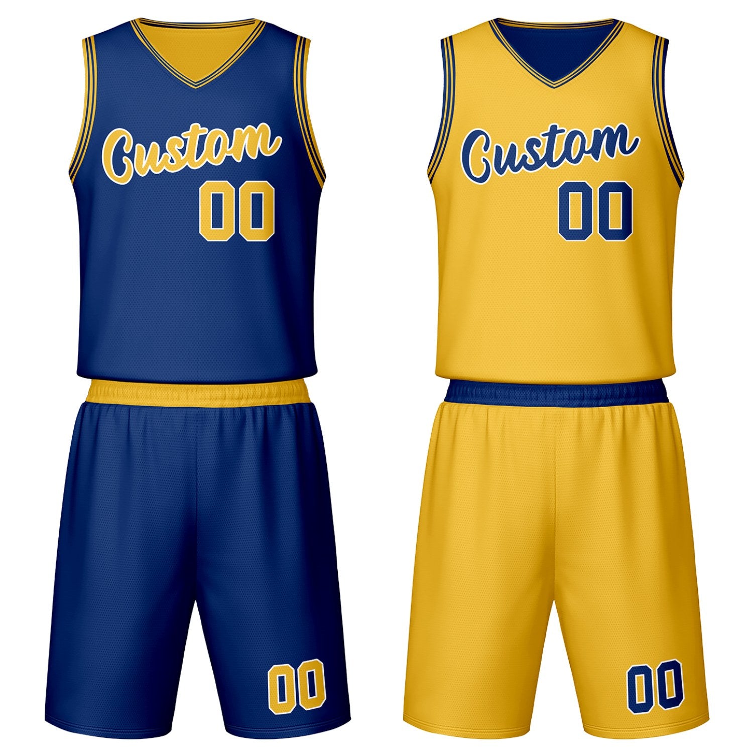 Custom navy & gold reversible basketball jersey set with shorts by Vosoli | Personalized team name, number & logo | Breathable mesh sport jersey uniform