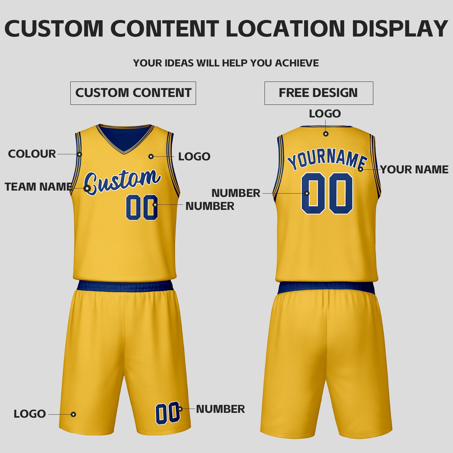 Custom Navy Gold Reversible Basketball Jersey Set | Personalized Name Number Mesh Sports Uniform