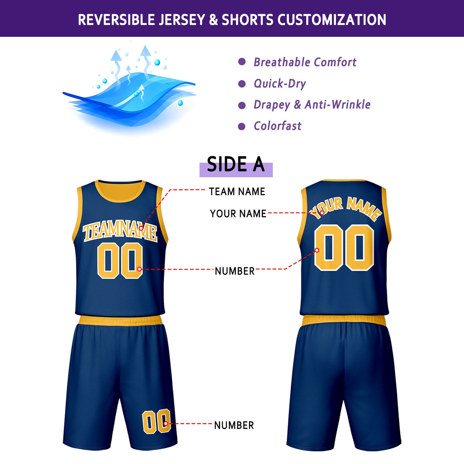 Custom Navy & Gold Reversible Basketball Jersey Shorts Set | Personalized Team Uniform