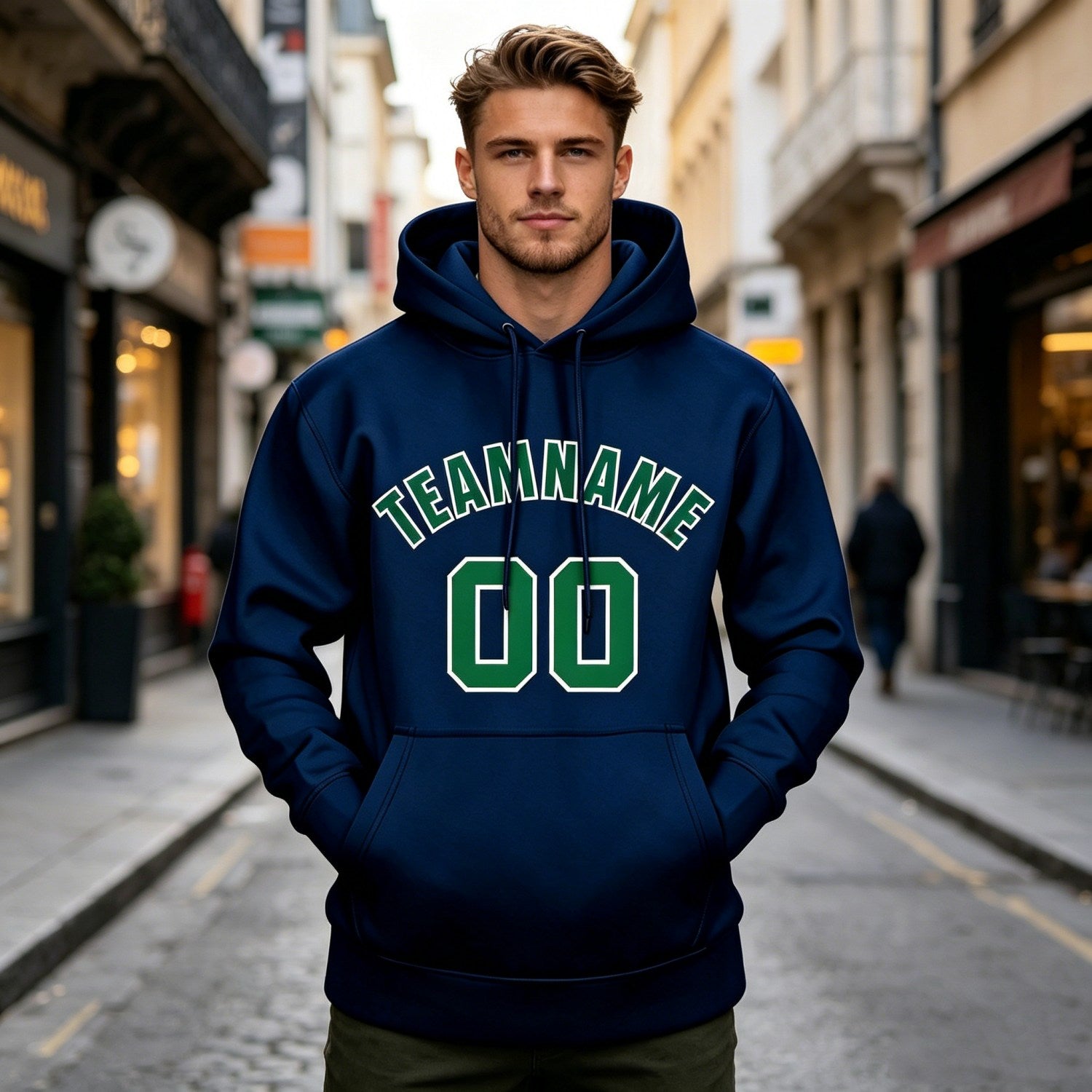 Custom Navy & Green Hoodie | Personalized Name & Number Sports Pullover | Vosoli