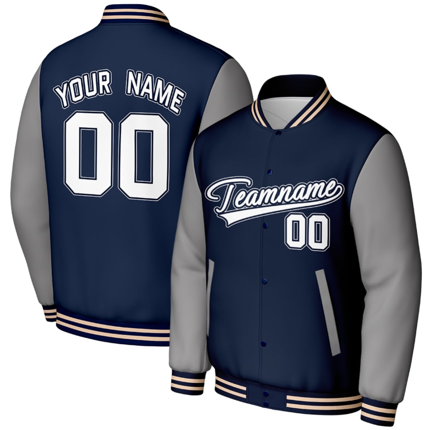 navy grey high school baseball jackets with patches by Vosoli, personalized stitched name, number & logo patches, classic button up varsity letterman jacket for high school baseball team and casual wear