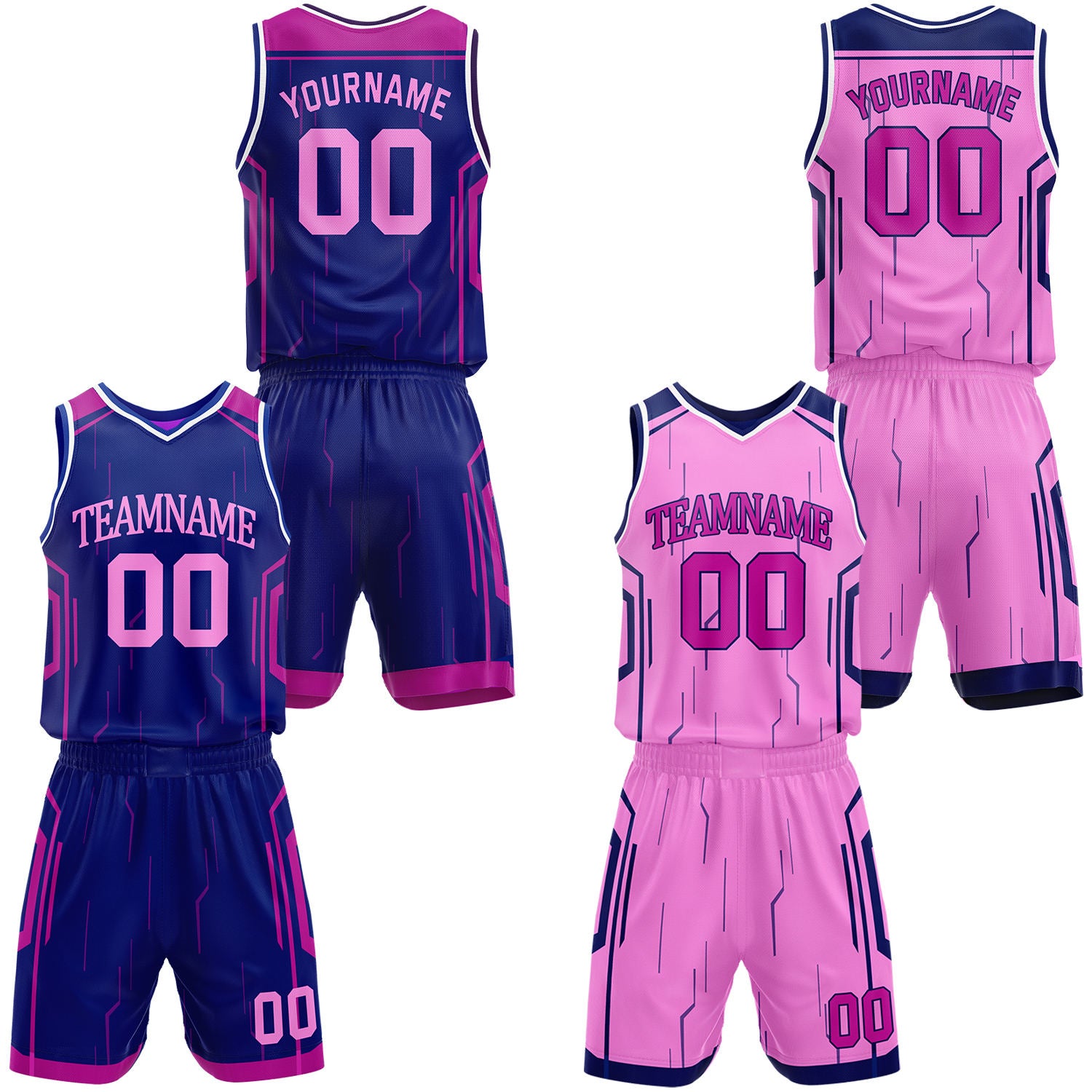 Custom navy & hot pink reversible basketball jersey shorts set by Vosoli | Personalized block team name number tech geometric uniform sportswear