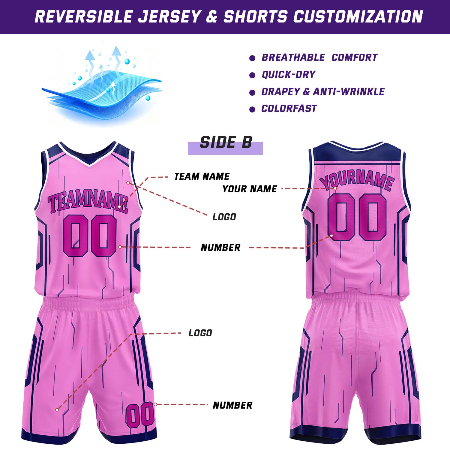 Custom Navy & Hot Pink Reversible Geometric Basketball Jersey Shorts Set | Personalized Team Uniform