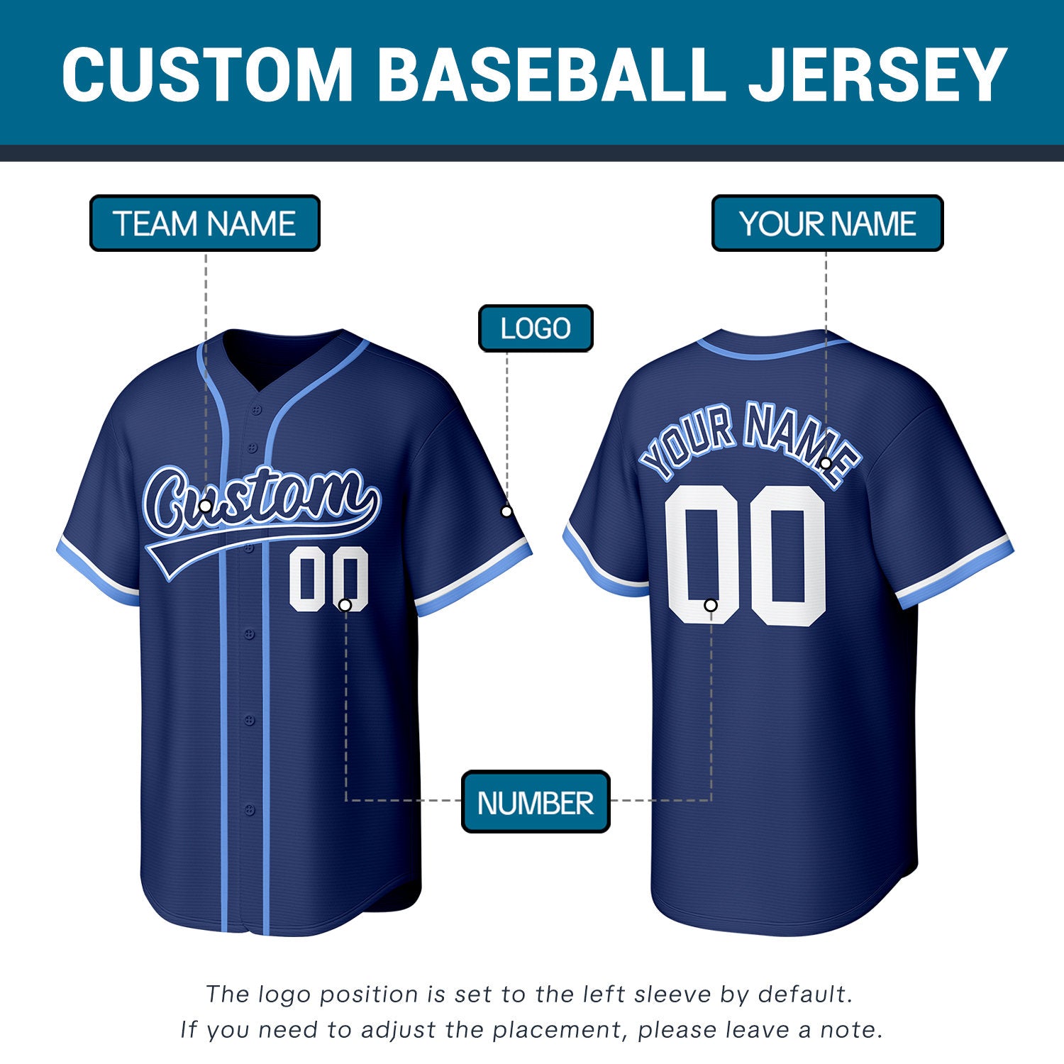 Custom Navy & Light Blue Stitched Baseball Jersey | Personalized Name & Number | Team Uniform