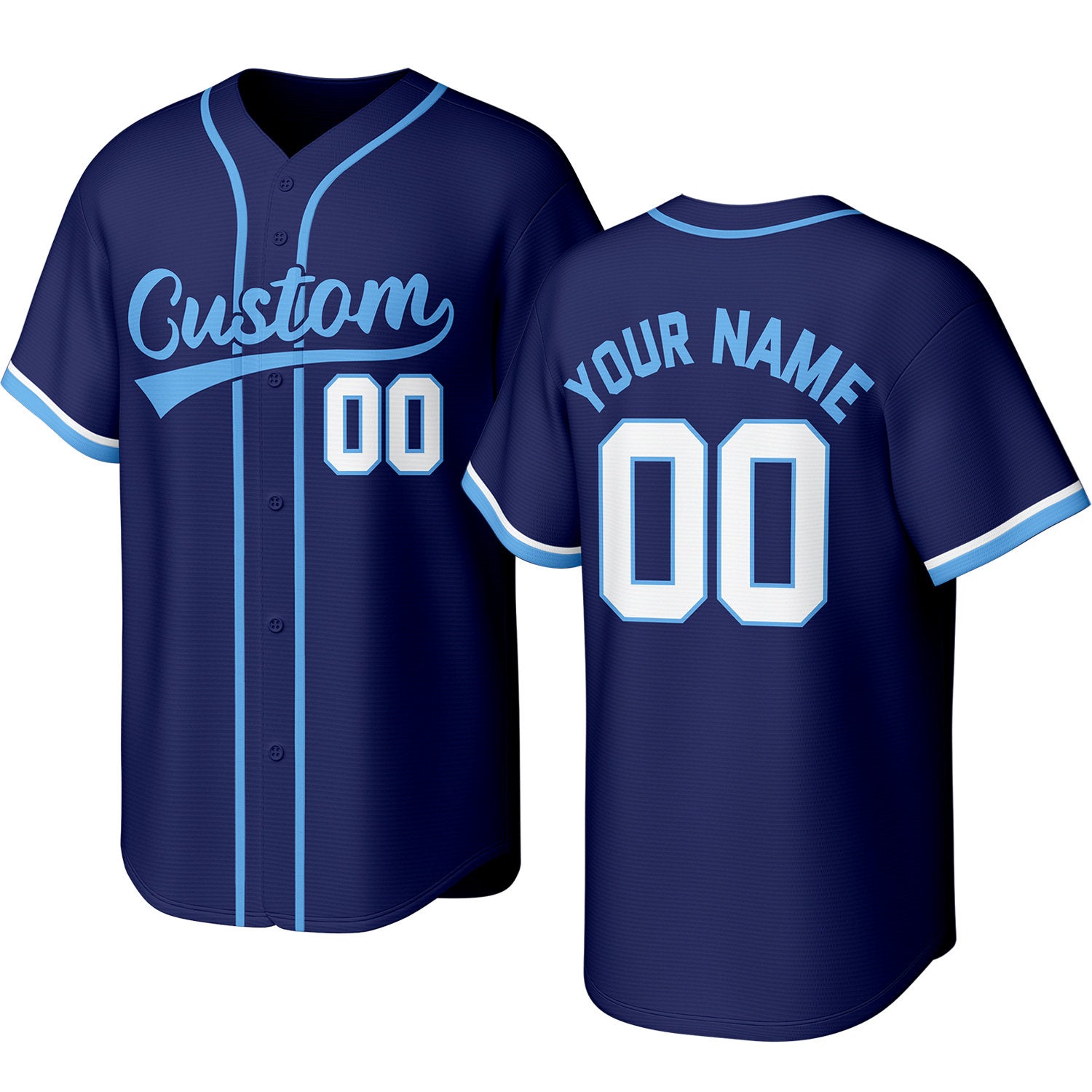 Custom navy, light blue & white baseball jersey with stitched logo, personalized name & number, button-front short-sleeve sports uniform for team men women youth game practice - Vosoli