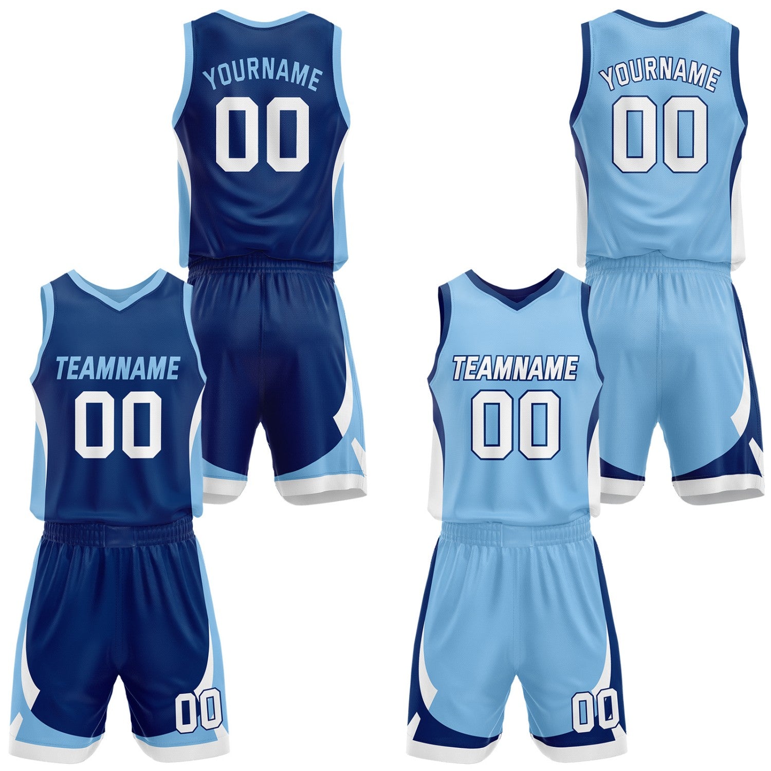Custom navy & light blue reversible basketball jersey set with shorts by Vosoli | Personalized team name, number & logo | Breathable mesh sport jersey uniform