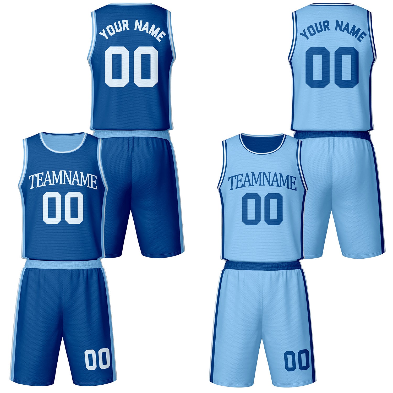 Custom navy & light blue reversible basketball jersey shorts set by Vosoli | Personalized team name number vintage uniform sportswear