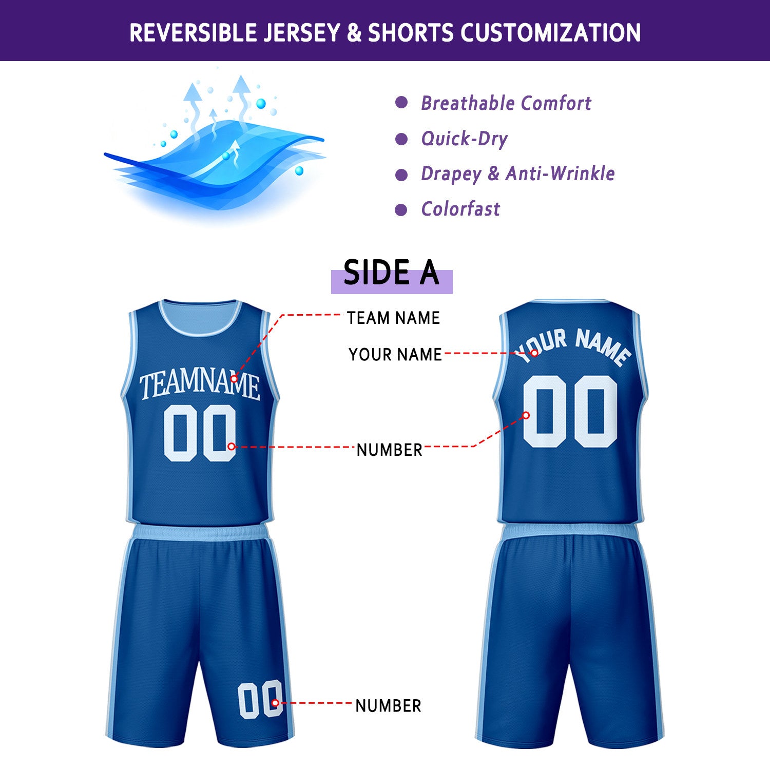 Custom Navy & Light Blue Reversible Basketball Jersey Shorts Set | Personalized Team Uniform