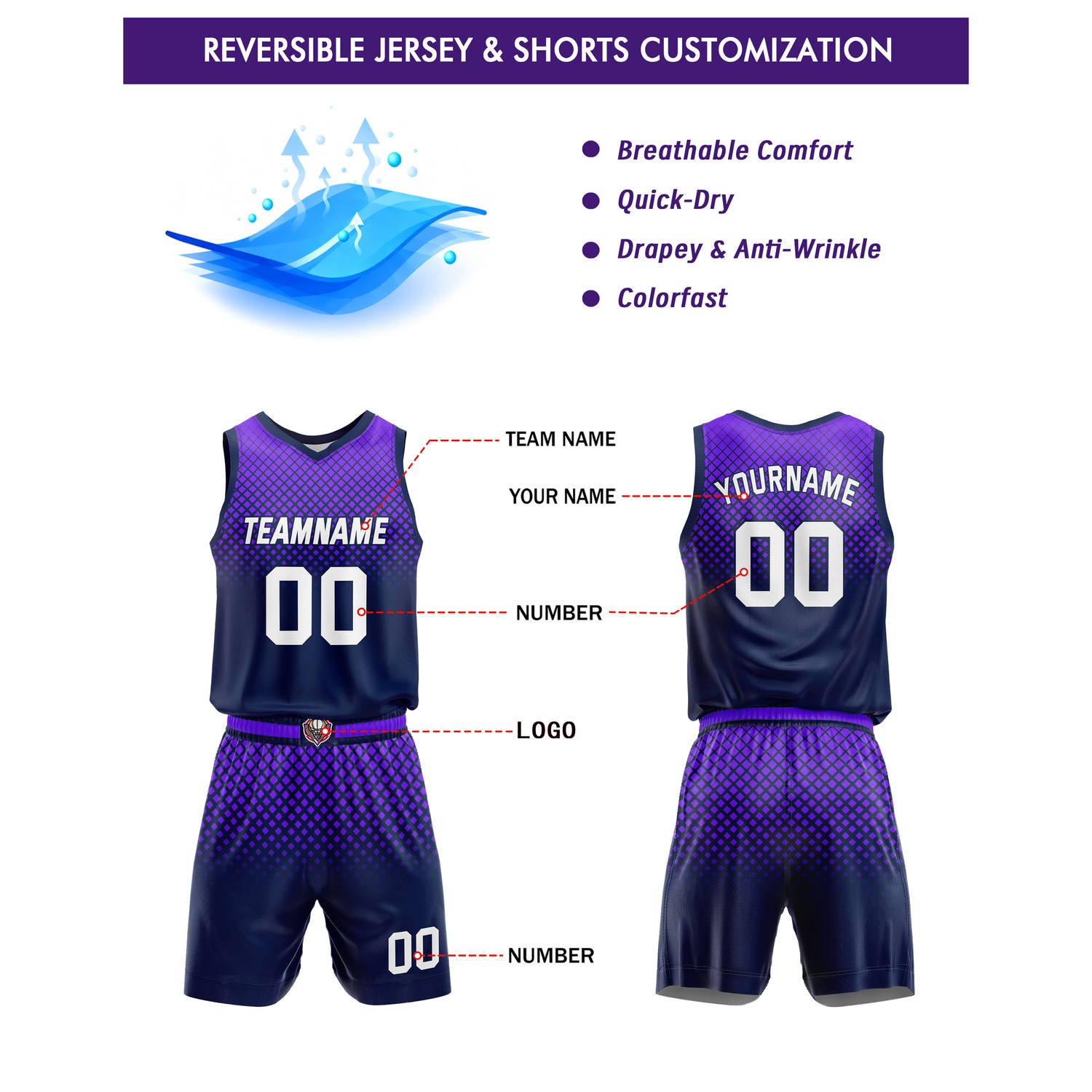 Custom Navy Purple Gradient Basketball Uniform | Personalized Team Kit - Vosoli