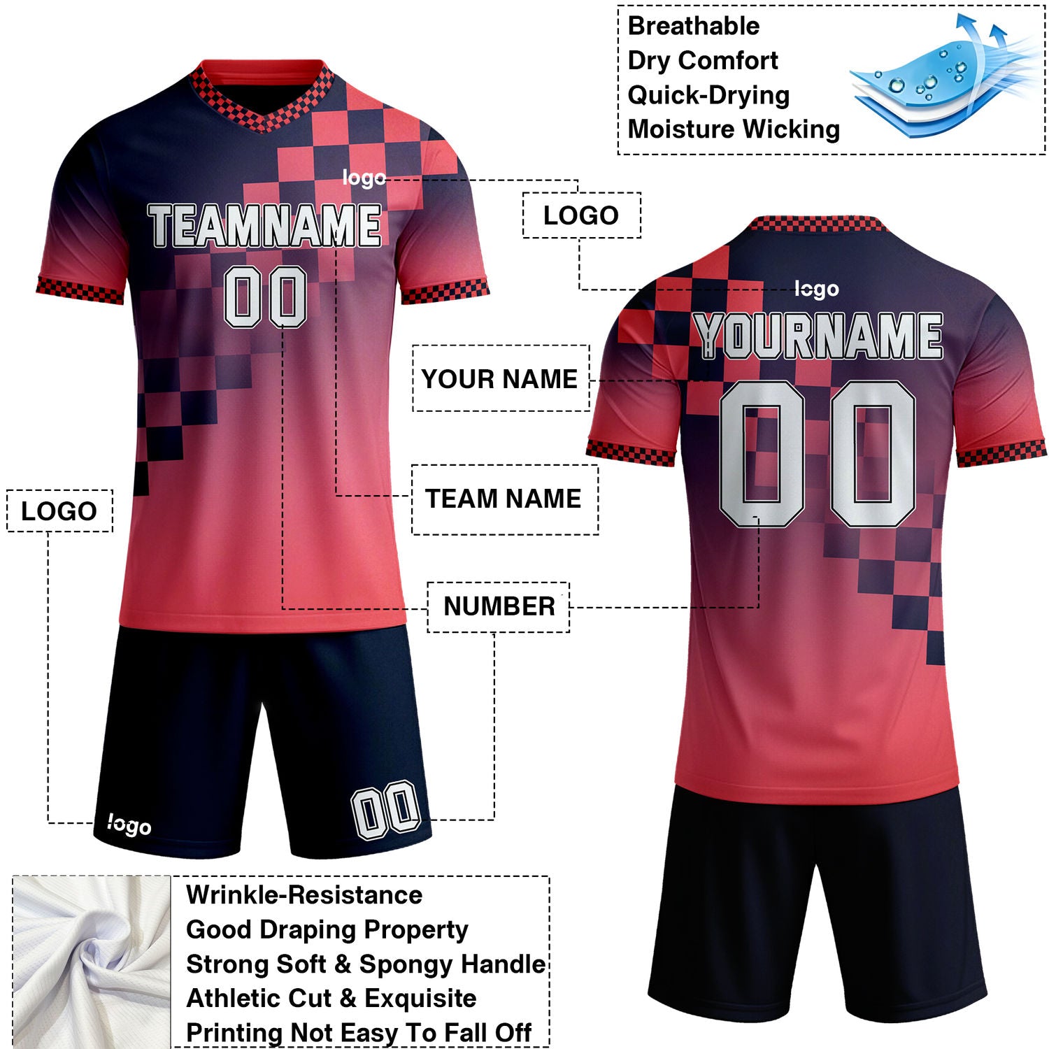 Custom Navy & Red Checkerboard Gradient Soccer Jersey Set | Personalized Team Uniform | Vosoli