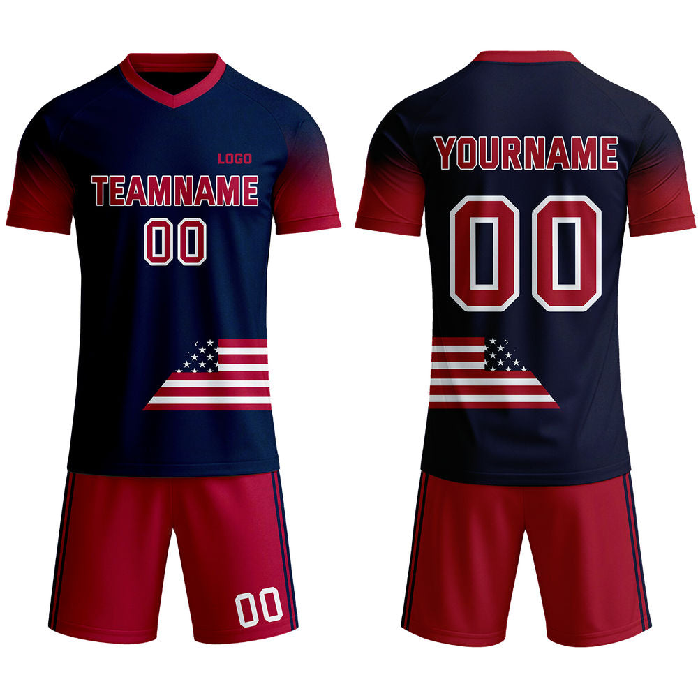 Custom Navy & Red Gradient USA Flag Soccer Jersey - Personalized Patriotic Team Kit