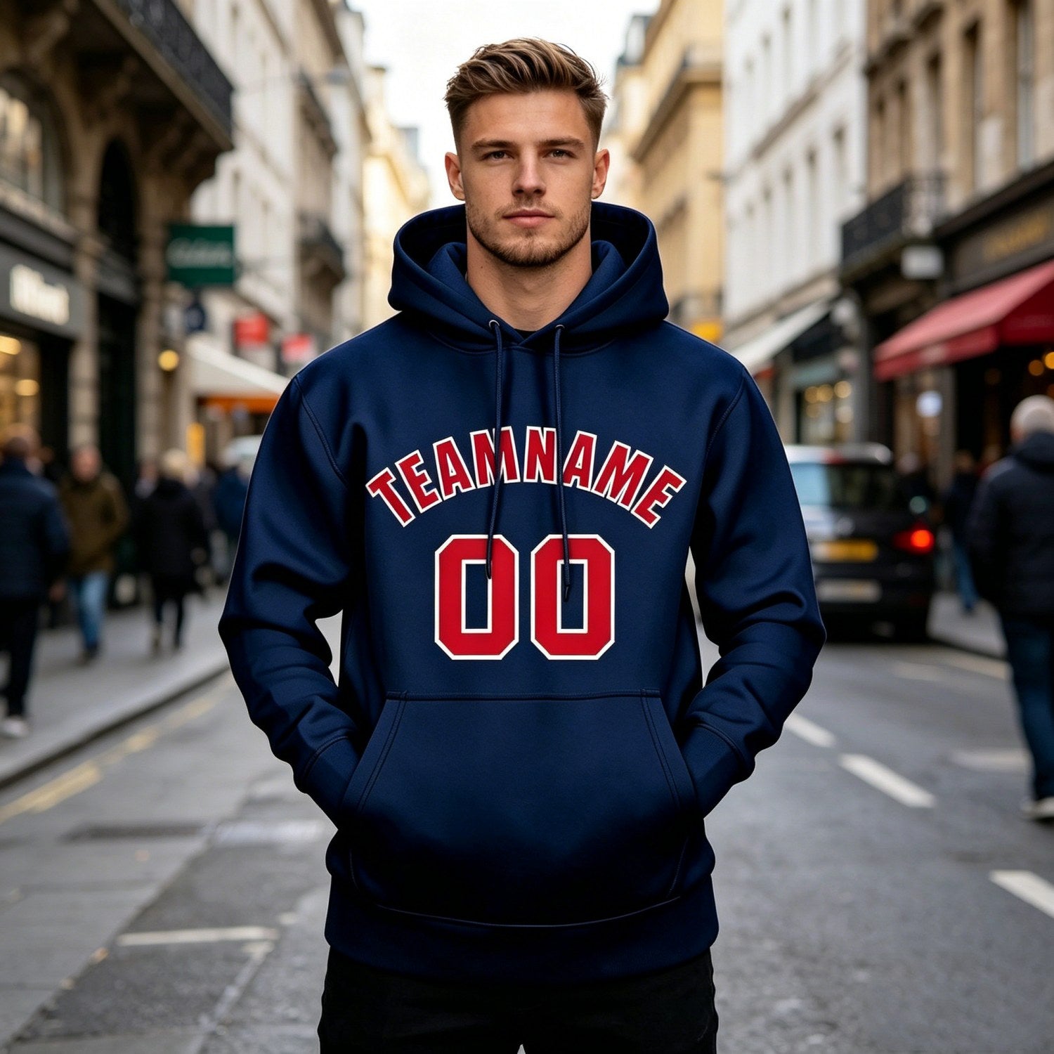 Custom Navy & Red Hoodie | Personalized Name & Number Sports Pullover | Vosoli