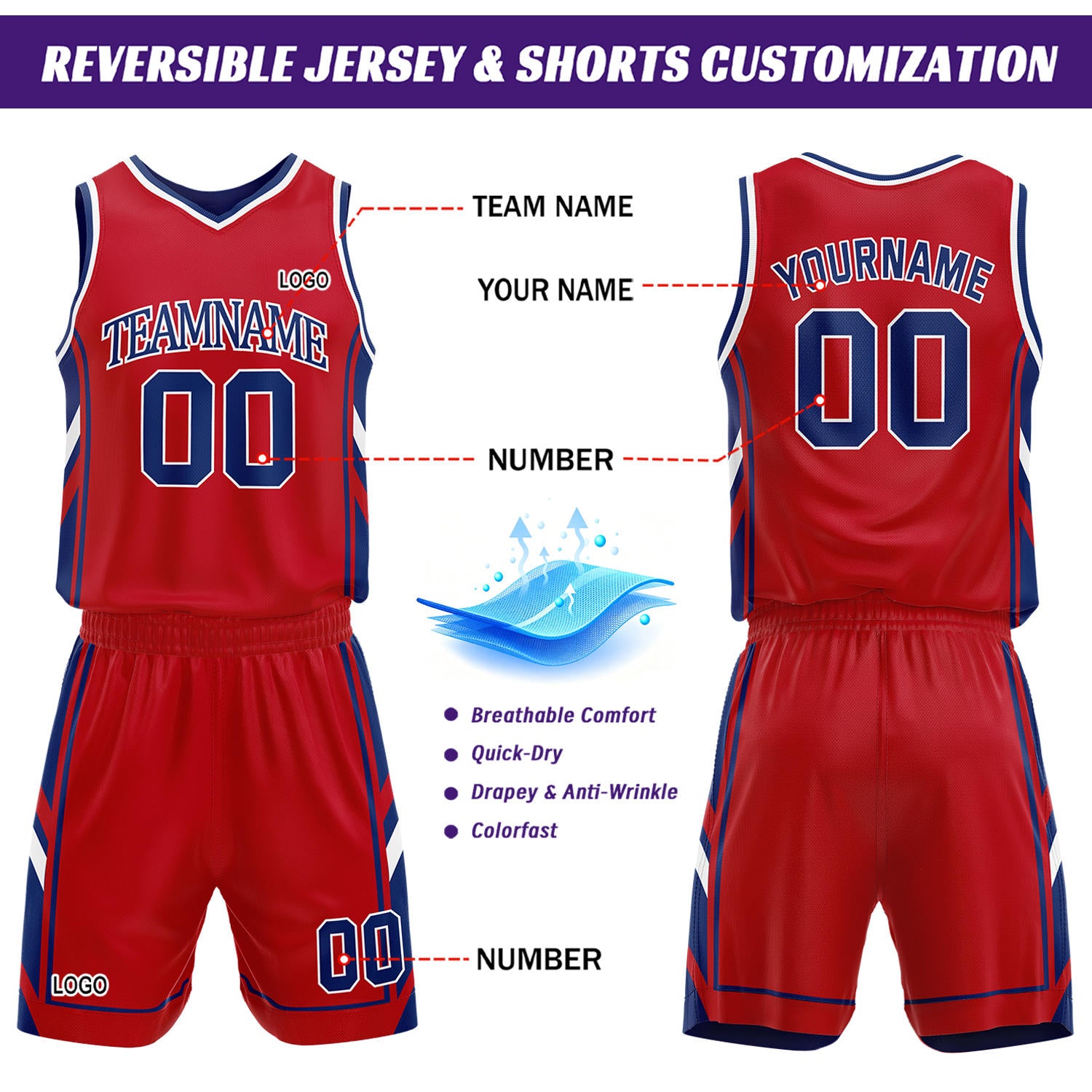 Custom Navy & Red Reversible Basketball Uniform Set | Personalized Name Number Sports Jersey Shorts Kit