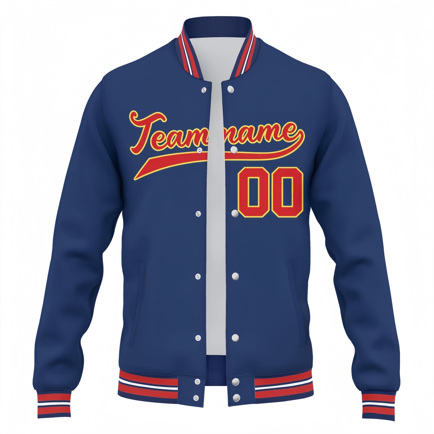 Custom Navy & Red Varsity Baseball Jacket | Personalized Team Name & Number