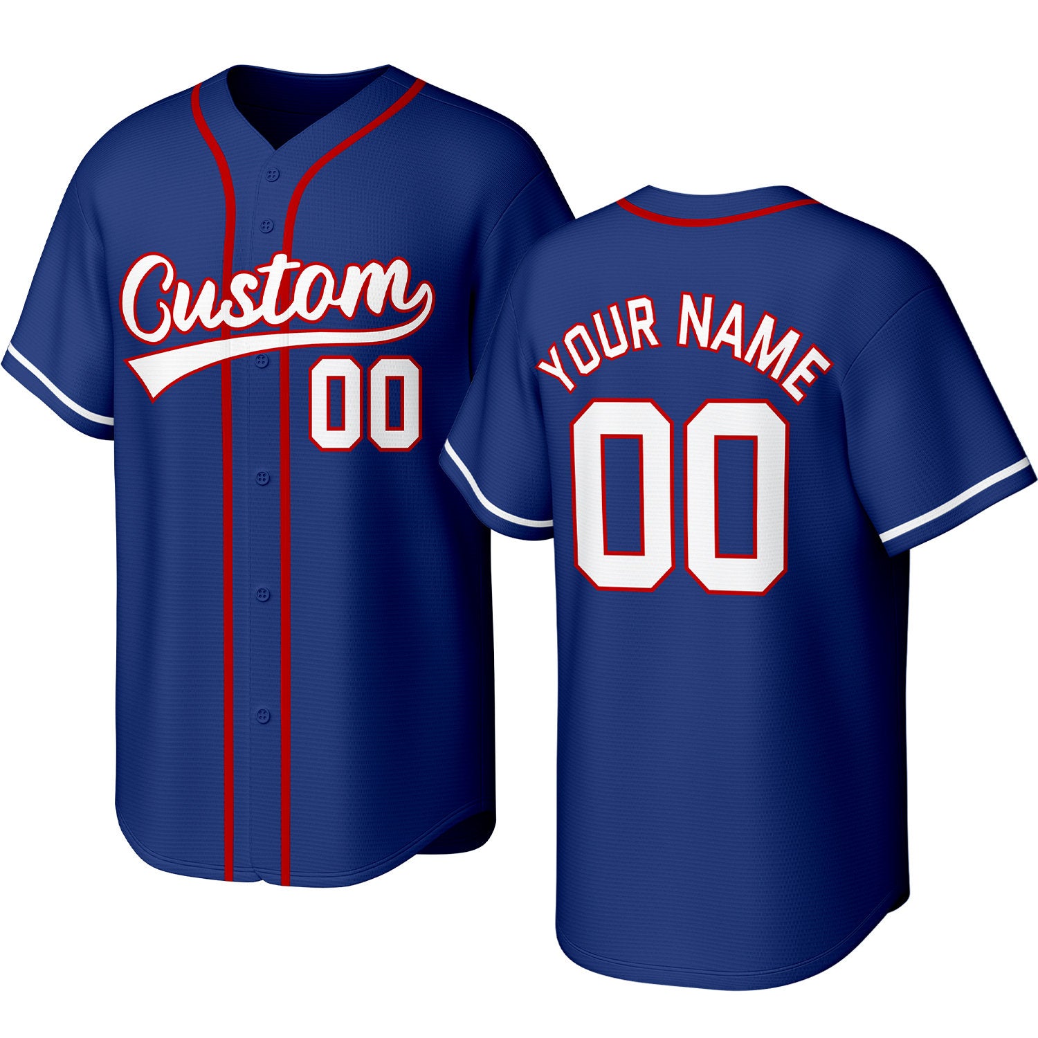 Custom navy, red & white baseball jersey with stitched logo, personalized name & number, button-front short-sleeve sports uniform for team men women youth game practice - Vosoli
