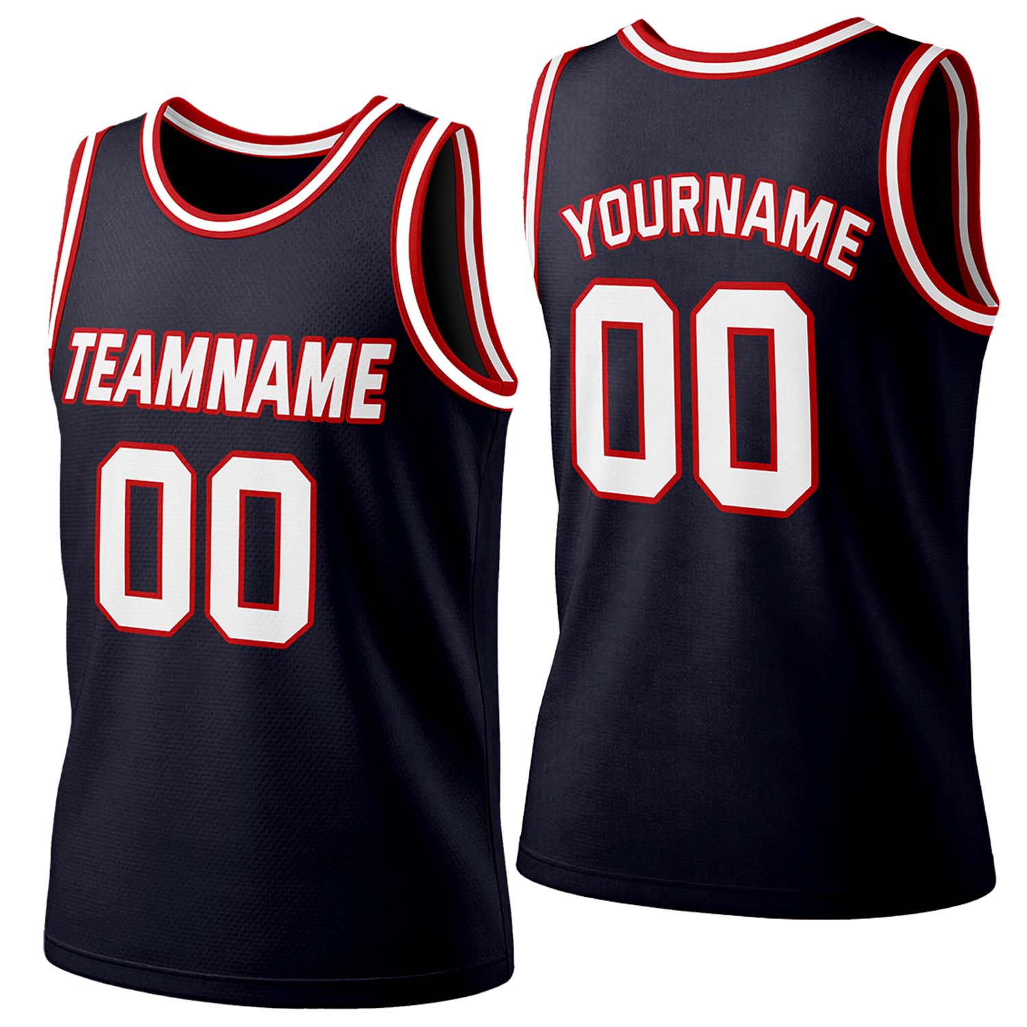 Custom navy-red-white mesh basketball jersey by Vosoli | Personalized name & number team uniform for youth & adults
