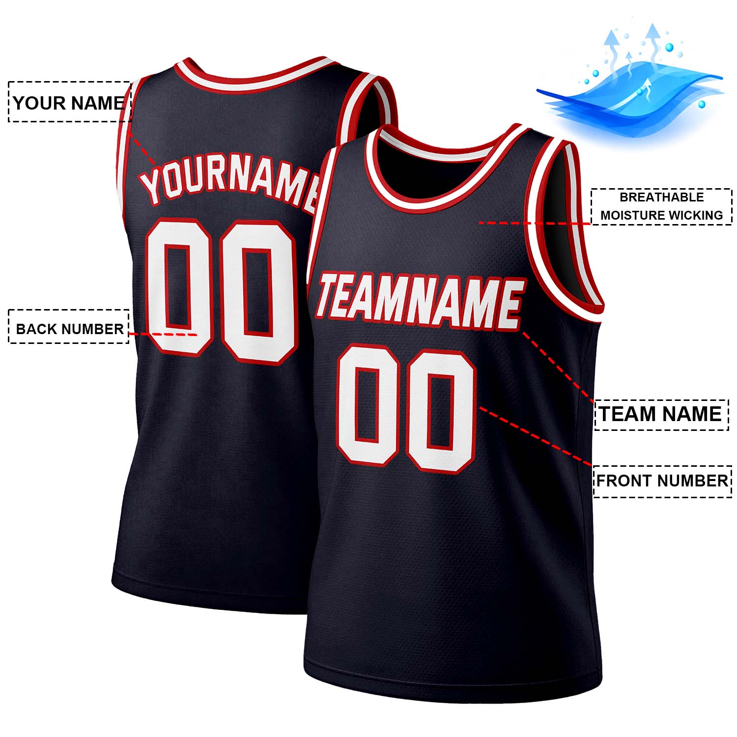 Custom Navy & Red White Mesh Basketball Jersey | Personalized Team Uniform
