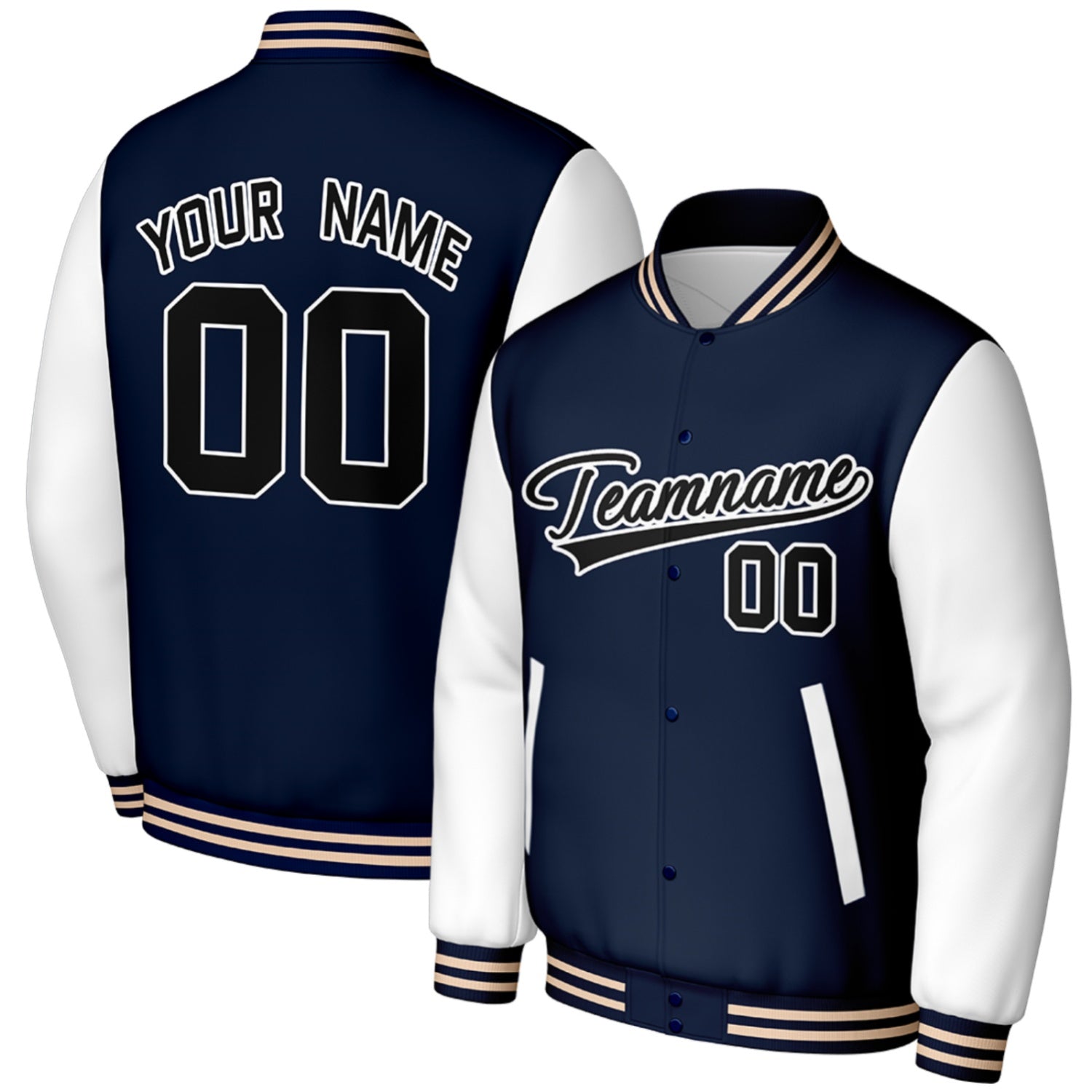custom navy white baseball jackets for teams by Vosoli, personalized stitched name, number & logo, classic button up varsity letterman jacket for baseball team and casual wear
