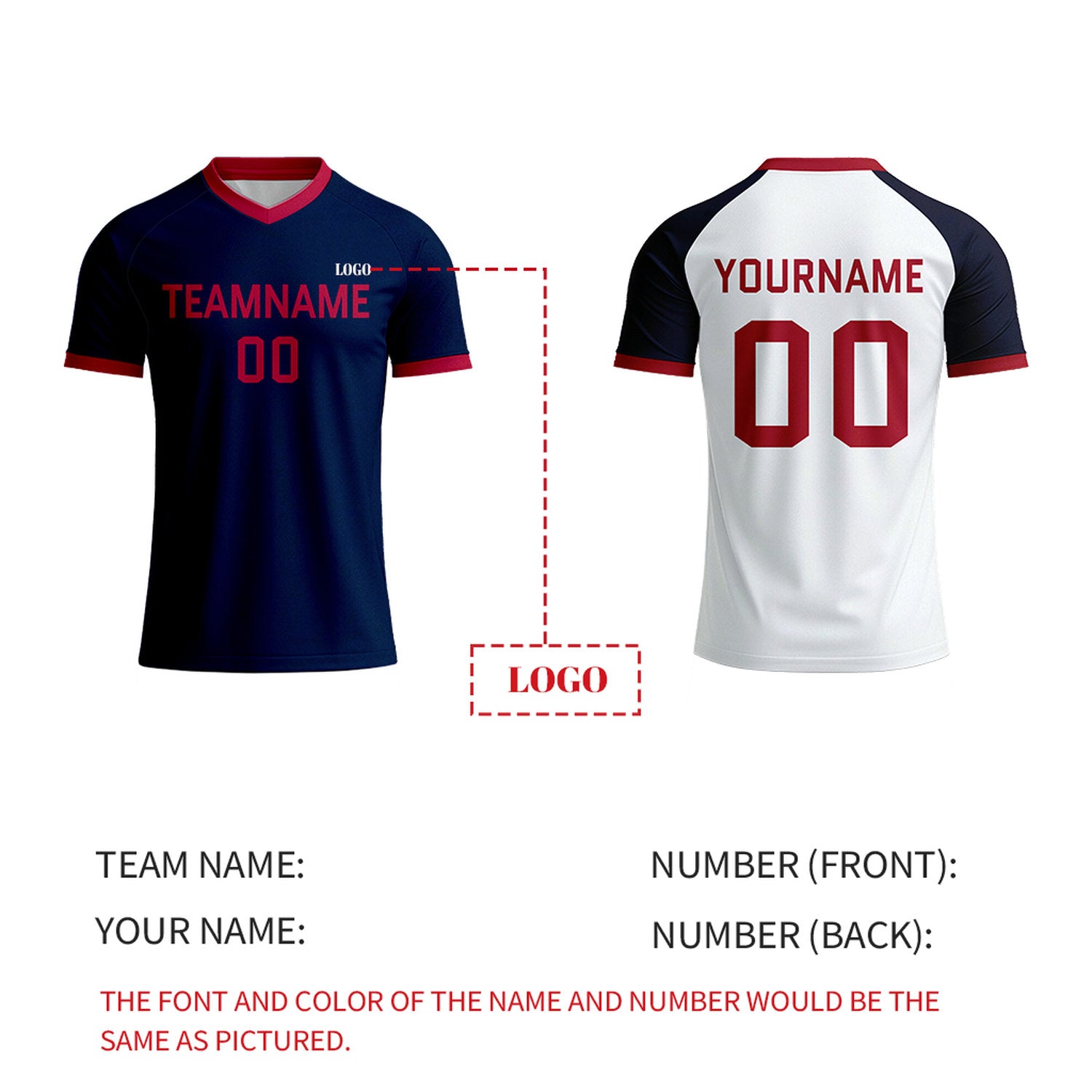 Custom Navy & White Raglan Soccer Shirt | Personalized Short Sleeve V-Neck Uniform for Youth & Adult