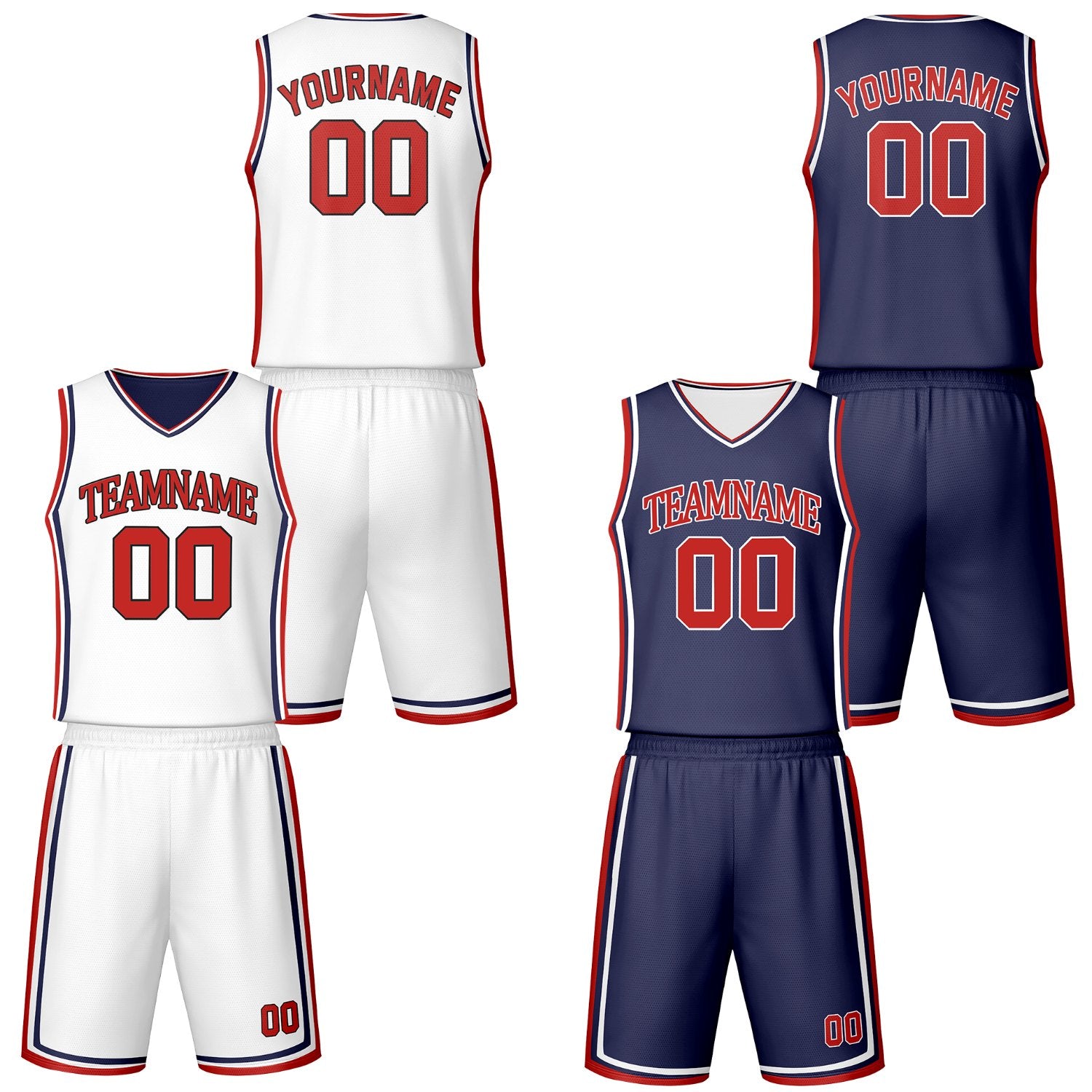 Custom navy & white reversible basketball jersey shorts set by Vosoli | Personalized block team name number vintage uniform sportswear