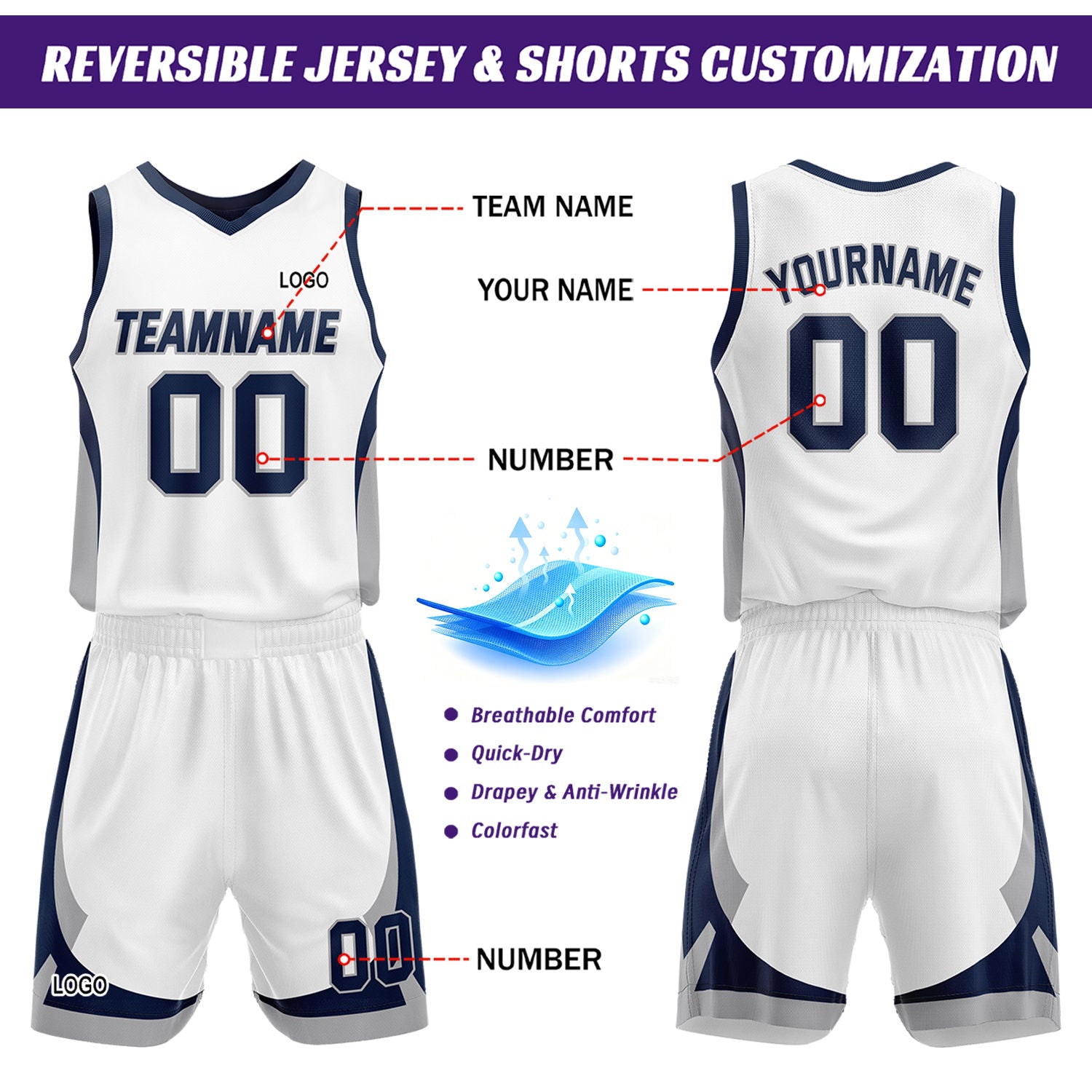 Custom Navy White Reversible Basketball Jersey Set | Personalized Name Number Mesh Sports Uniform