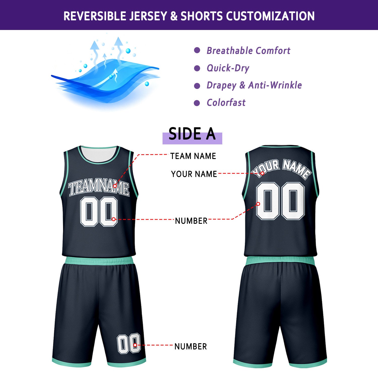 Custom Navy & White Reversible Basketball Jersey Shorts Set | Personalized Team Uniform