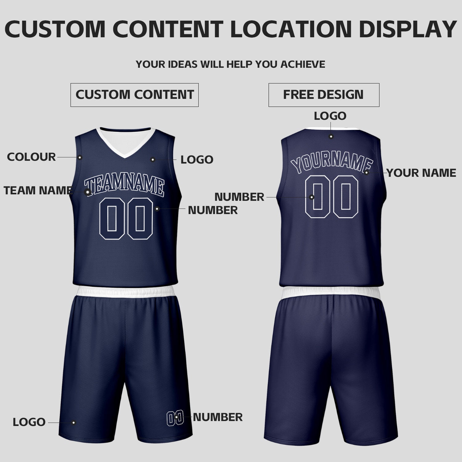Custom Navy & White Reversible Basketball Jersey Shorts Set | Personalized Team Uniform