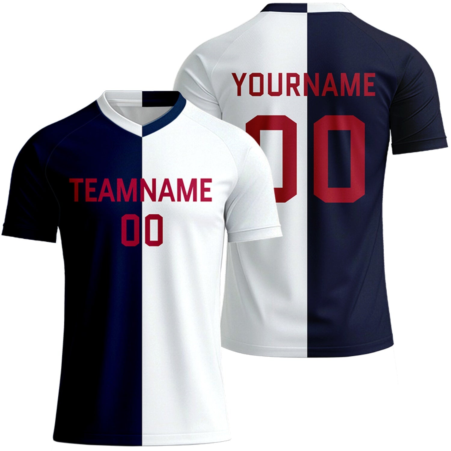 personalized navy white split soccer jerseys for teams by Vosoli, personalized team name, player name & number, breathable short sleeve V-neck soccer uniform for team matches