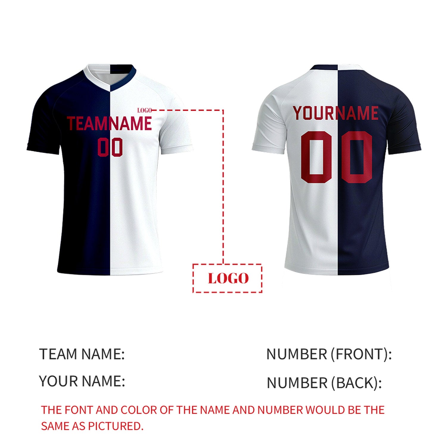 Custom Navy & White Split Soccer Jersey | Personalized Short Sleeve V-Neck Uniform for Youth & Adult