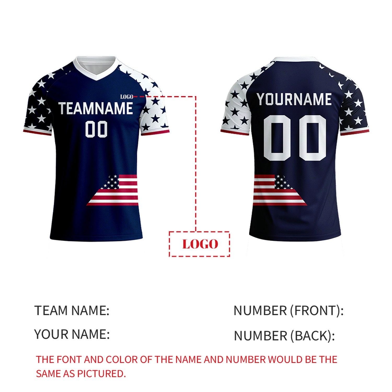 Custom Navy & White Star Pattern Soccer Jersey | Personalized Short Sleeve V-Neck Jersey for Youth & Adult