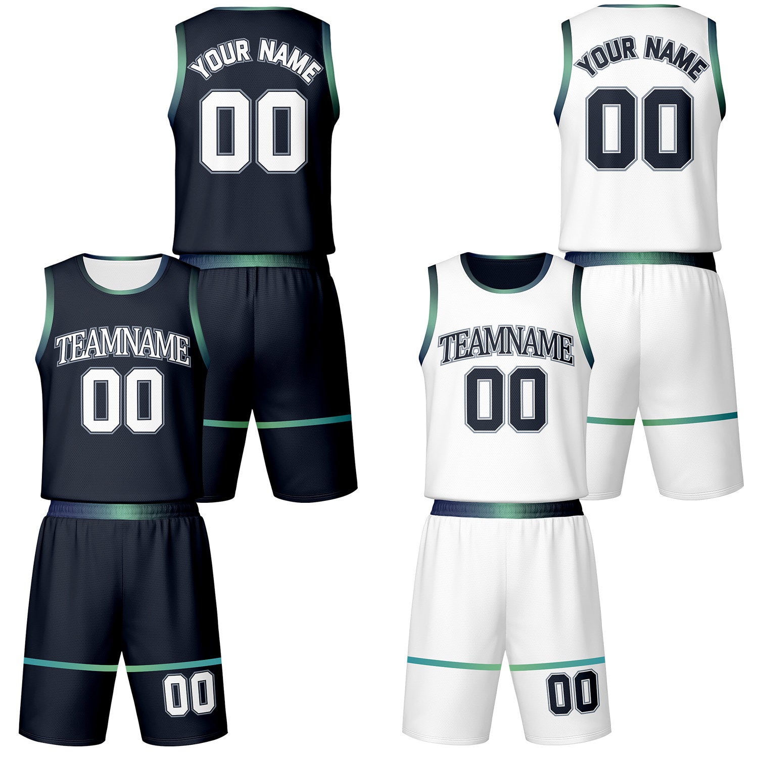 Custom navy & white teal trim reversible basketball jersey shorts set by Vosoli | Personalized team name number vintage uniform sportswear