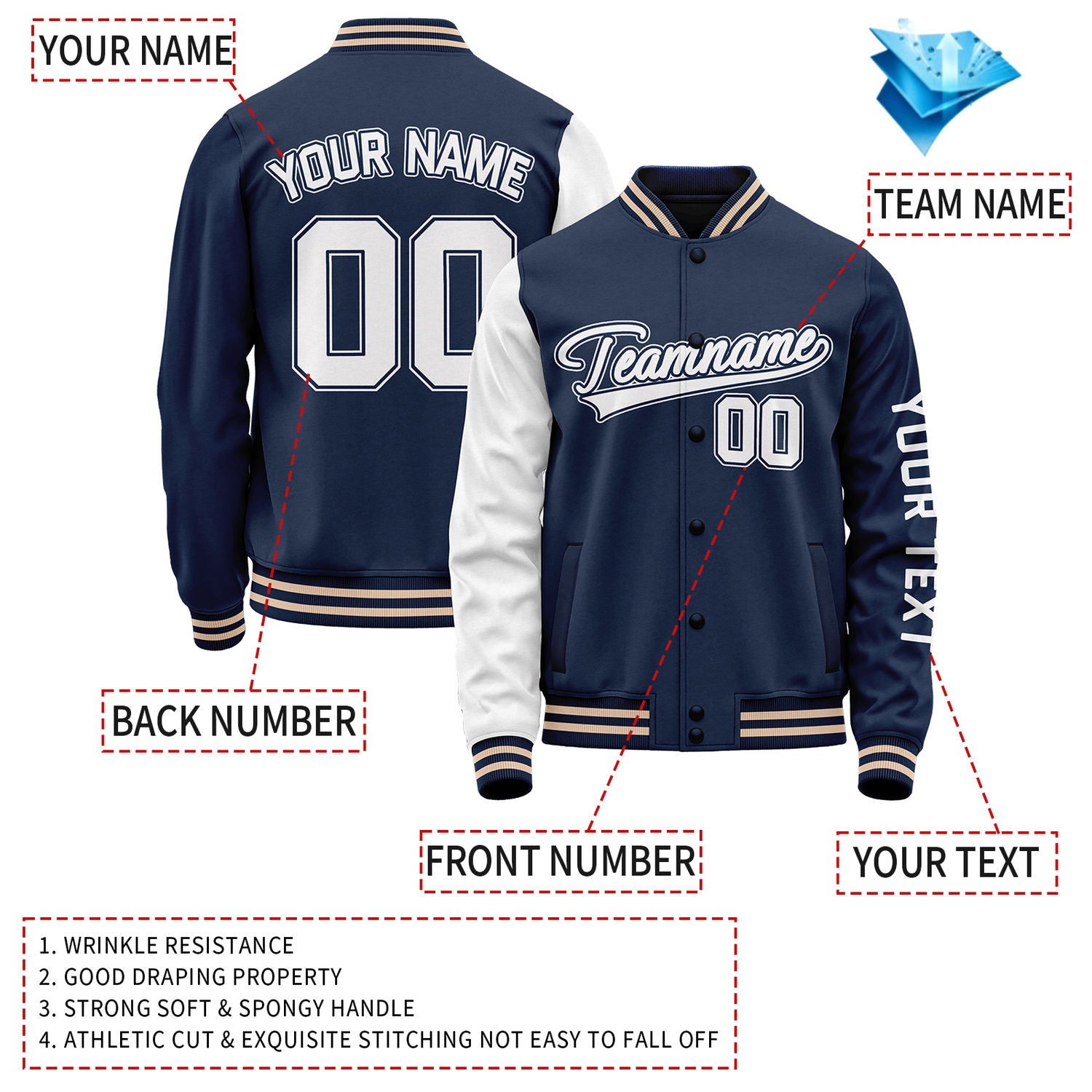 Custom Navy White Jacket Personalized Team Name Number Letterman Bomber for Adult & Youth