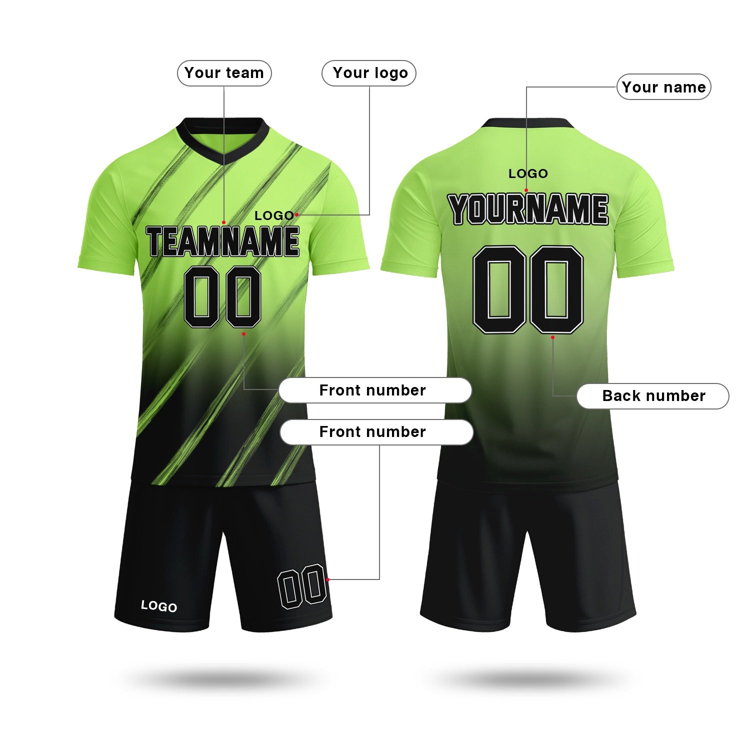 Custom Neon Green & Black Gradient Soccer Jersey Set | Personalized Team Uniform | Vosoli