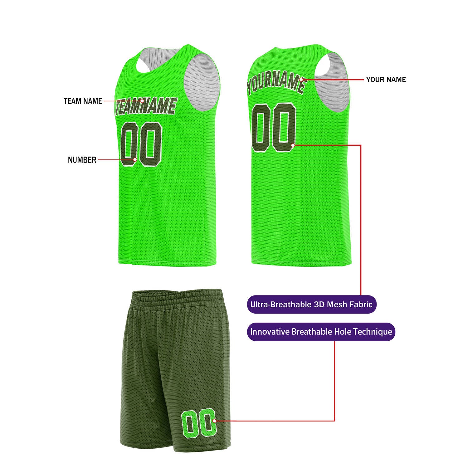 Custom Neon Green & Olive Basketball Jersey + Shorts Set - Personalized Team Name, Number | Vosoli