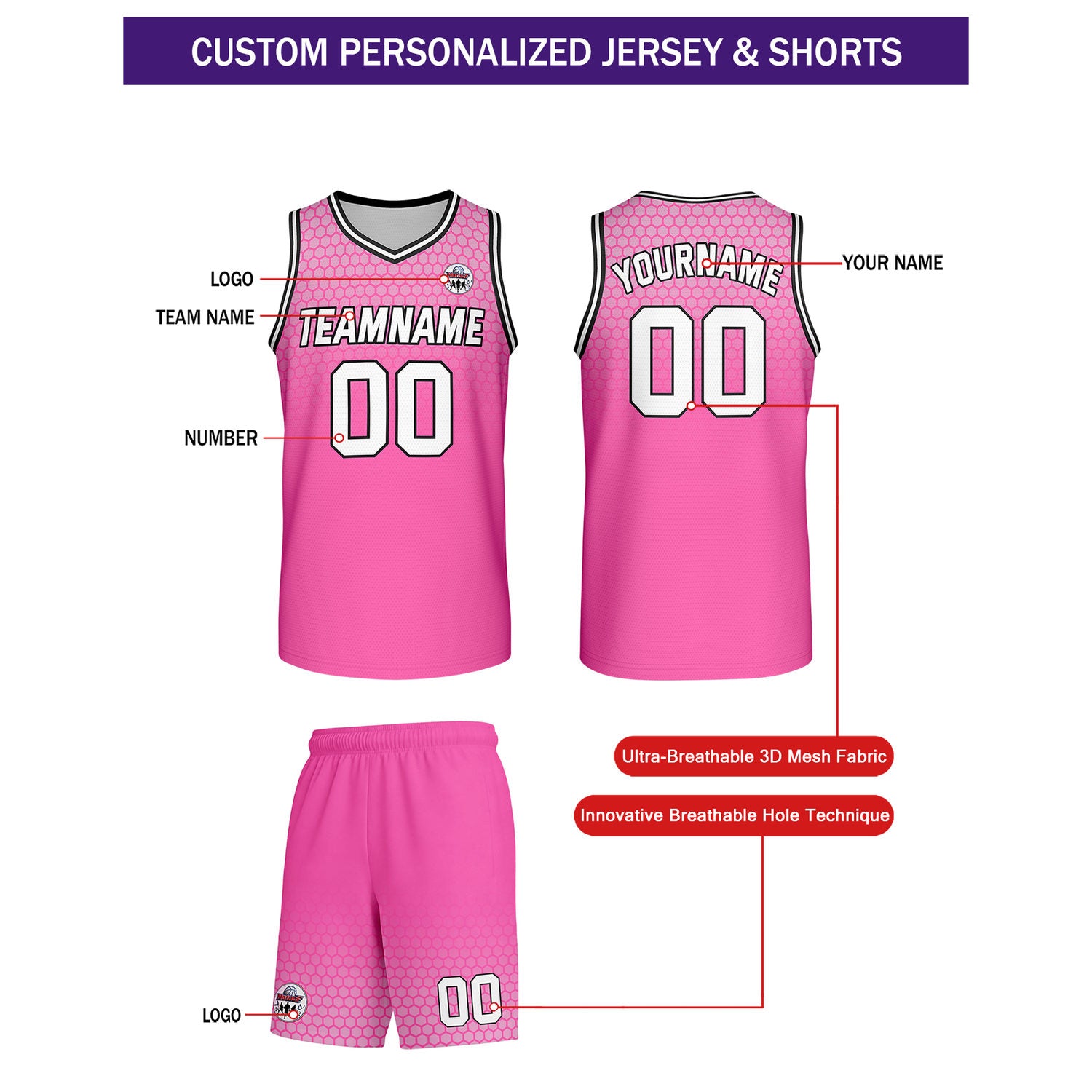 Custom Neon Pink Honeycomb Basketball Uniform Set | Personalized Team Name & Number - Vosoli