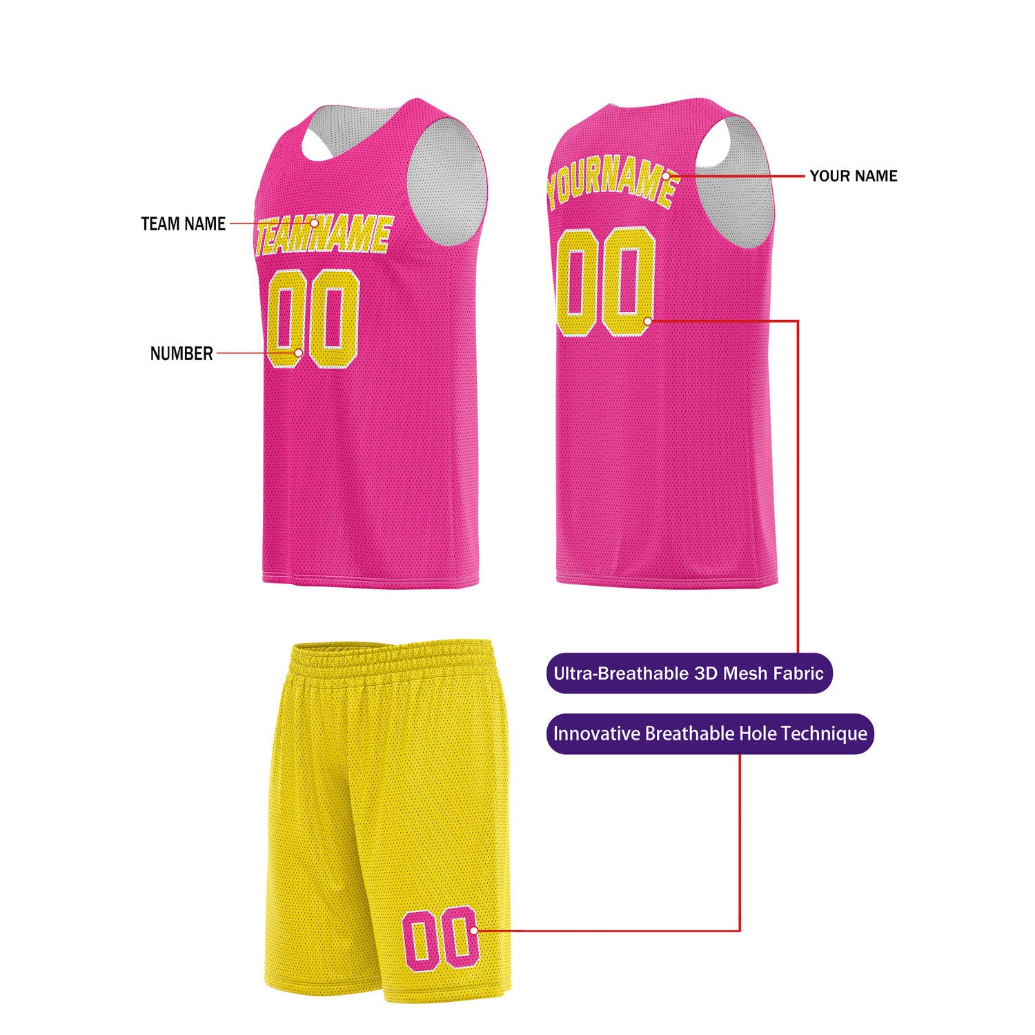 Custom Neon Pink & Yellow Basketball Jersey + Shorts Set - Personalized Team Name, Number | Vosoli