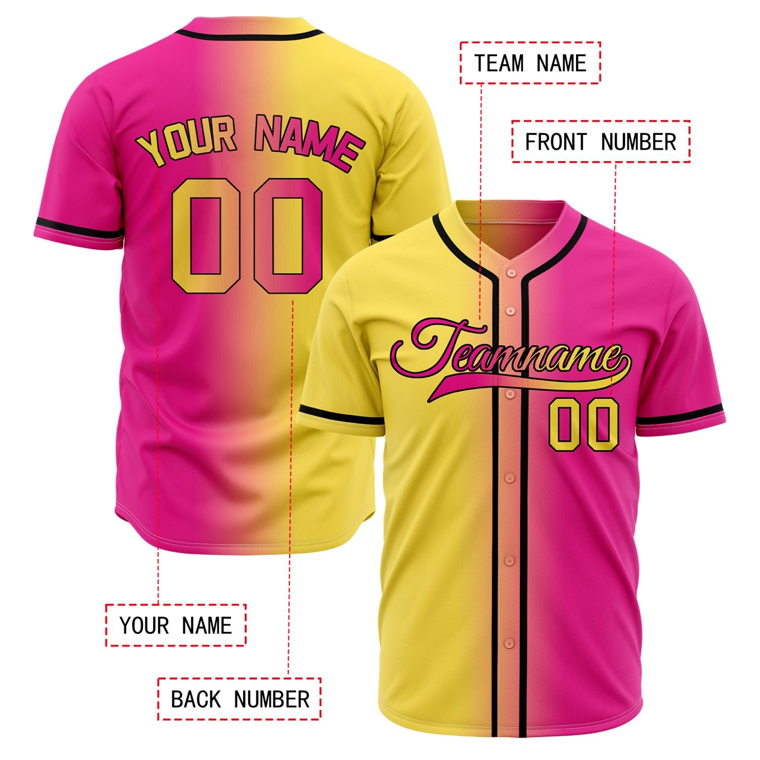 Custom Neon Pink and Yellow Split Baseball Jersey | Personalized Two-Tone Fade Team Uniform
