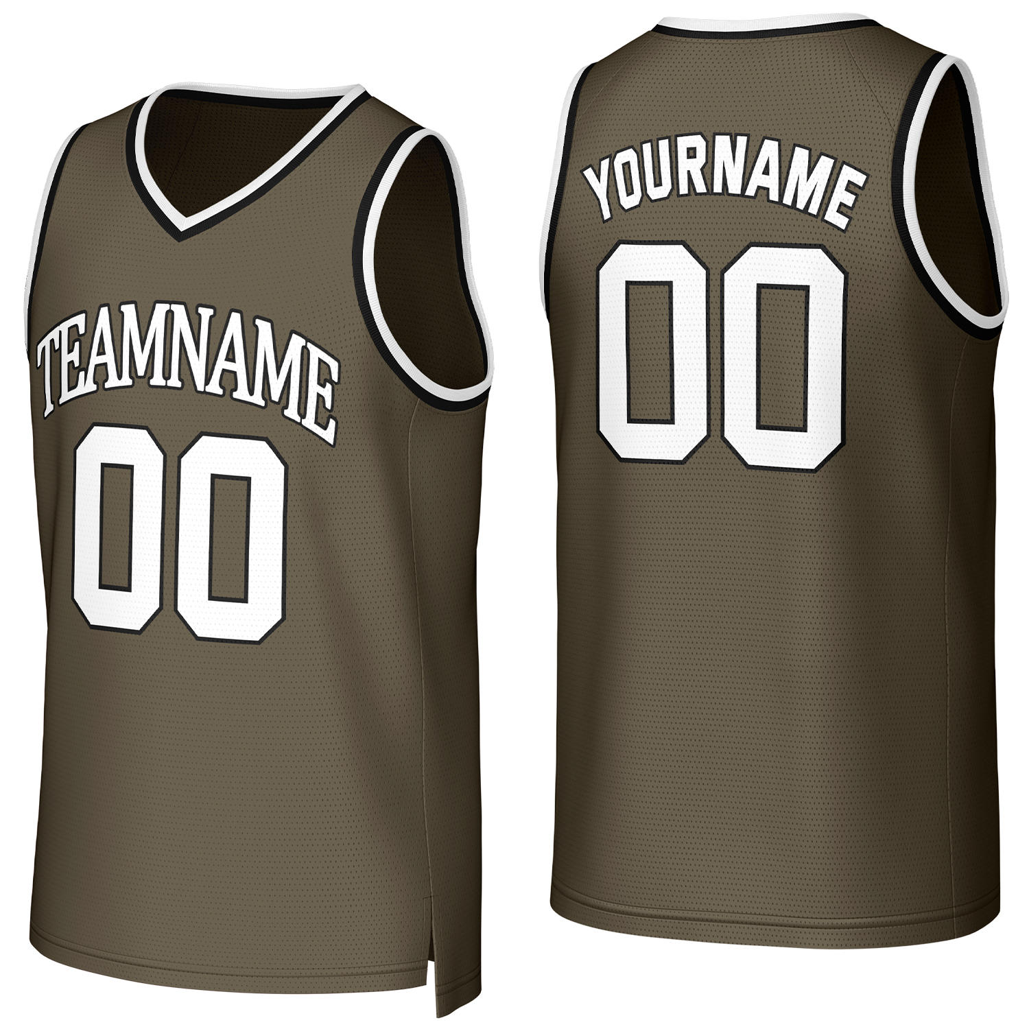 Custom olive & white basketball jersey by Vosoli | Personalized stitched team name, number & logo | Breathable mesh sport jersey