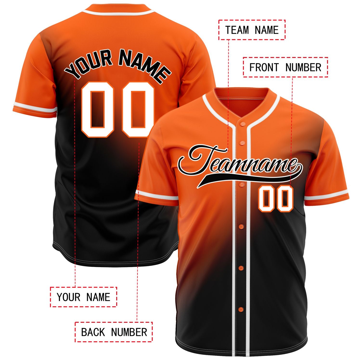 Custom Orange and Black Gradient Baseball Jersey - Personalized Team Apparel