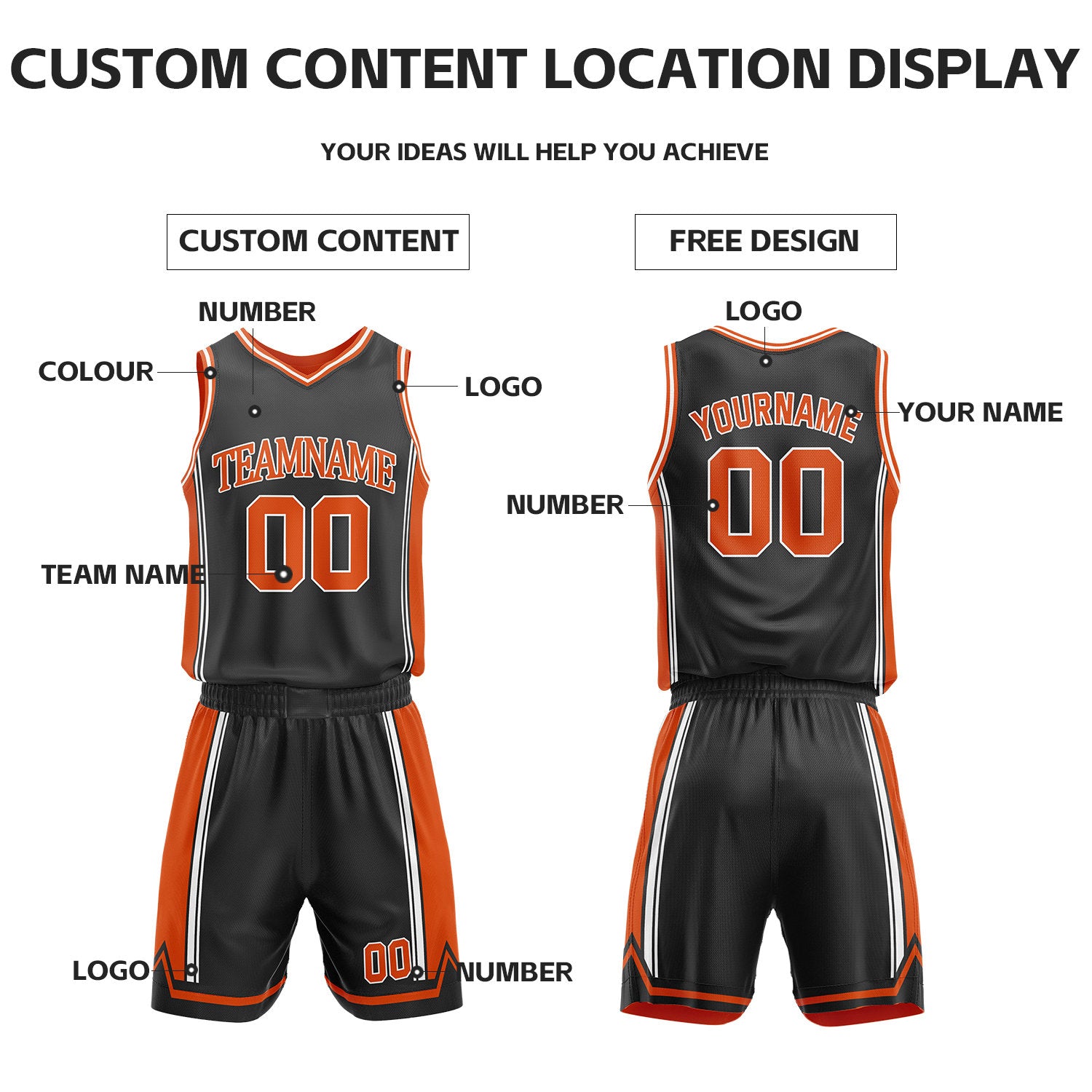 Custom Orange & Black Reversible Basketball Jersey Shorts Set | Personalized Full Vintage Team Uniform